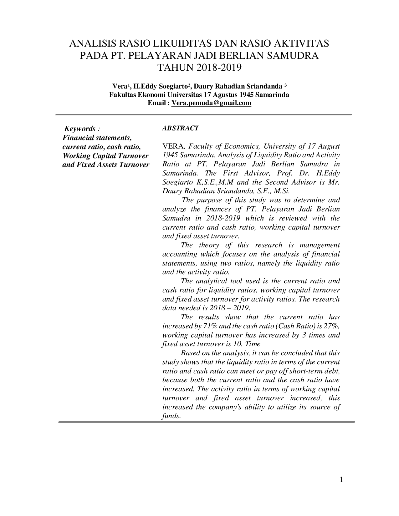 JURIS Analisis Rasio Likuiditas dan Rasio Aktivitas pada PT Pelayaran Jadi Berlian Samudra Tahun 2018 2019