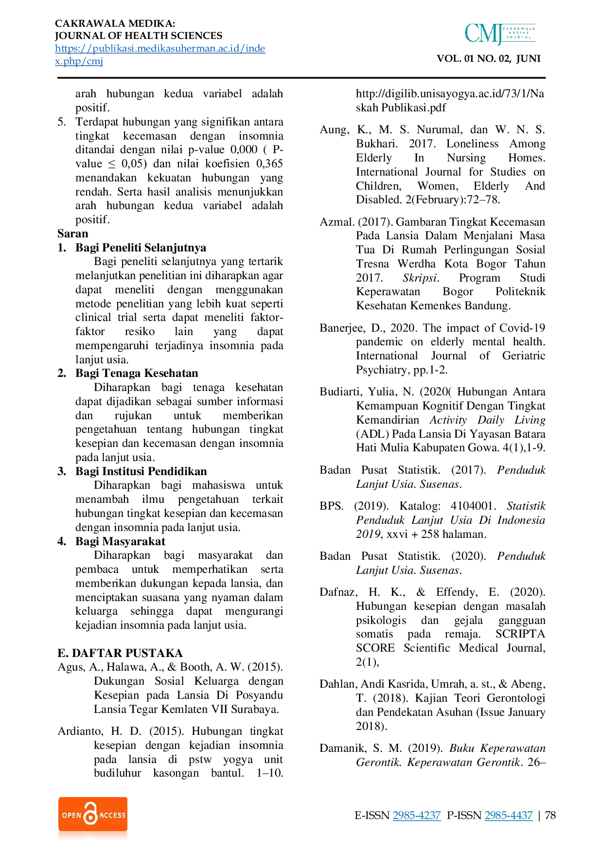 JURIS Hubungan Tingkat Kesepian dan Kecemasan dengan Insomnia pada Lansia di Puskesmas Cakranegara Kota Mataram