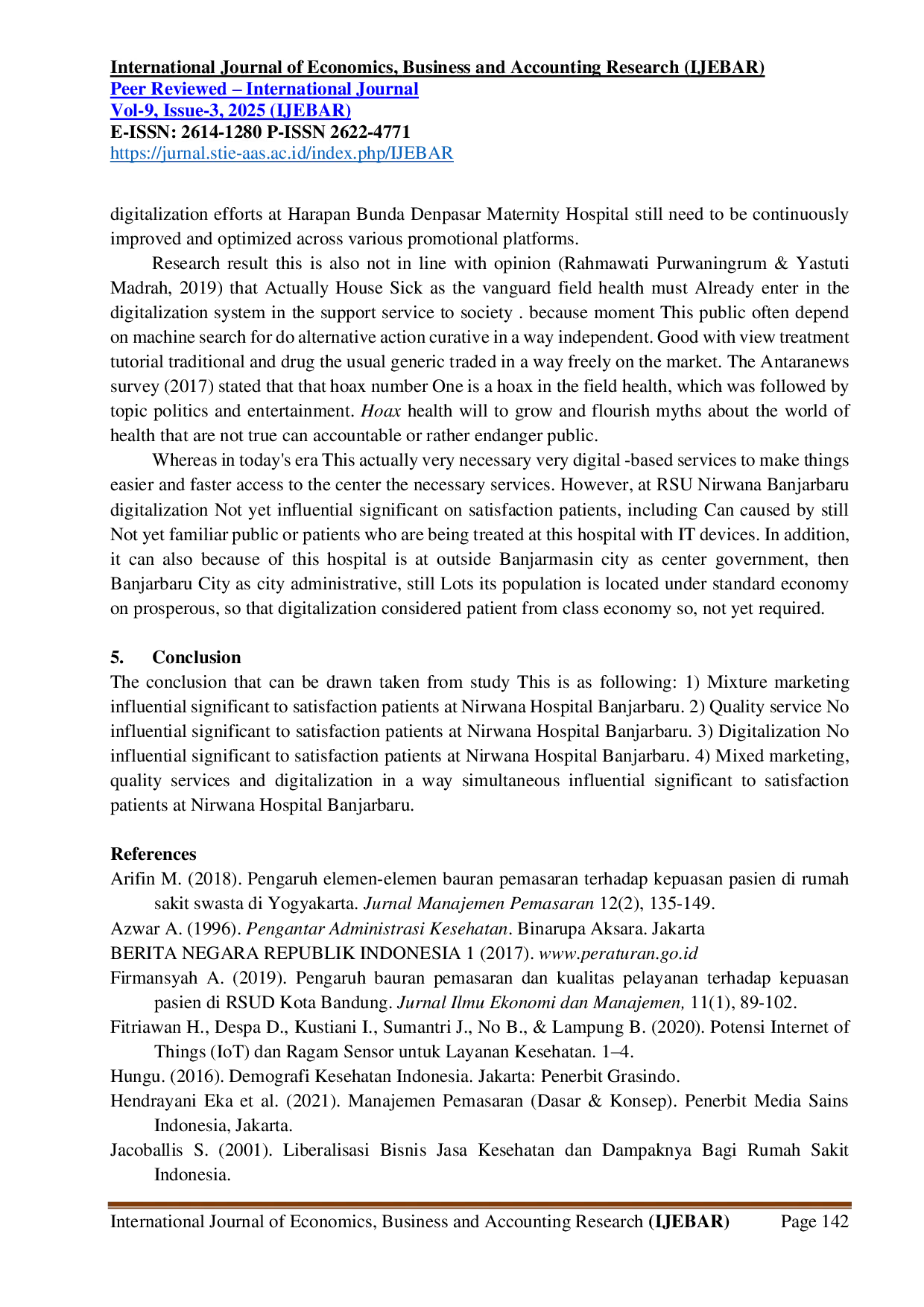 JURIS Analisis Pengaruh Bauran Pemasaran Kualitas Pelayanan dan Digitalisasi Terhadap Kepuasan Pasien di Rumah Sakit Umum Nirwana Banjarbaru