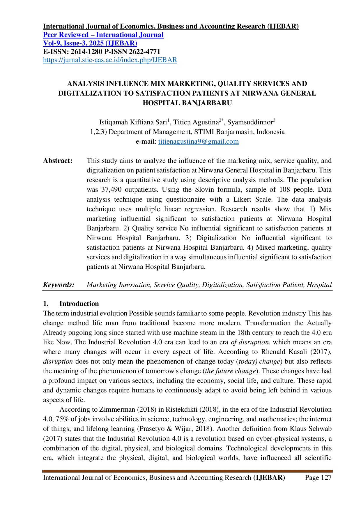 JURIS Analisis Pengaruh Bauran Pemasaran Kualitas Pelayanan dan Digitalisasi Terhadap Kepuasan Pasien di Rumah Sakit Umum Nirwana Banjarbaru