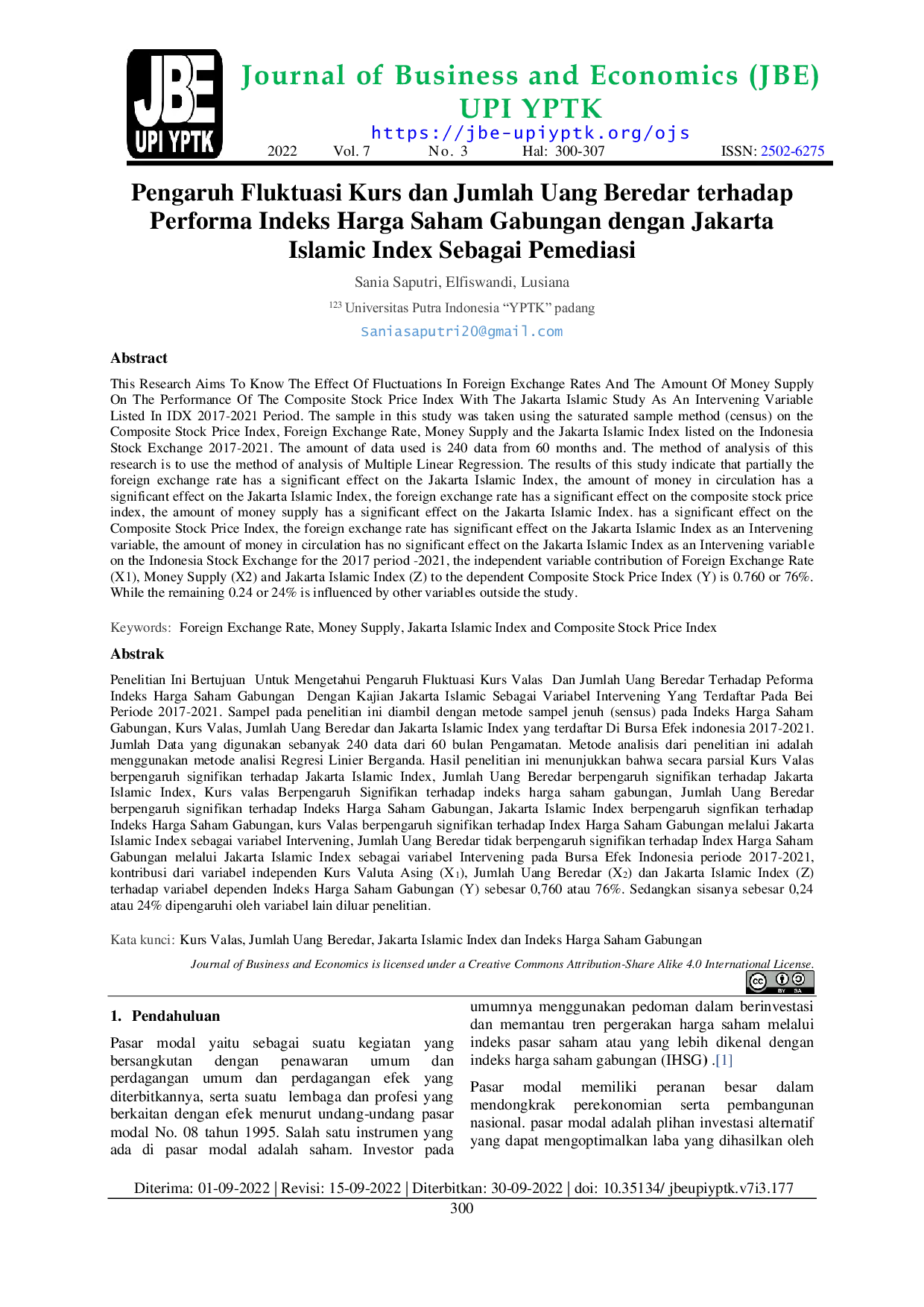 JURIS Pengaruh Fluktuasi Kurs dan Jumlah Uang Beredar terhadap Performa Indeks Harga Saham Gabungan dengan Jakarta Islamic Index Sebagai Pemediasi