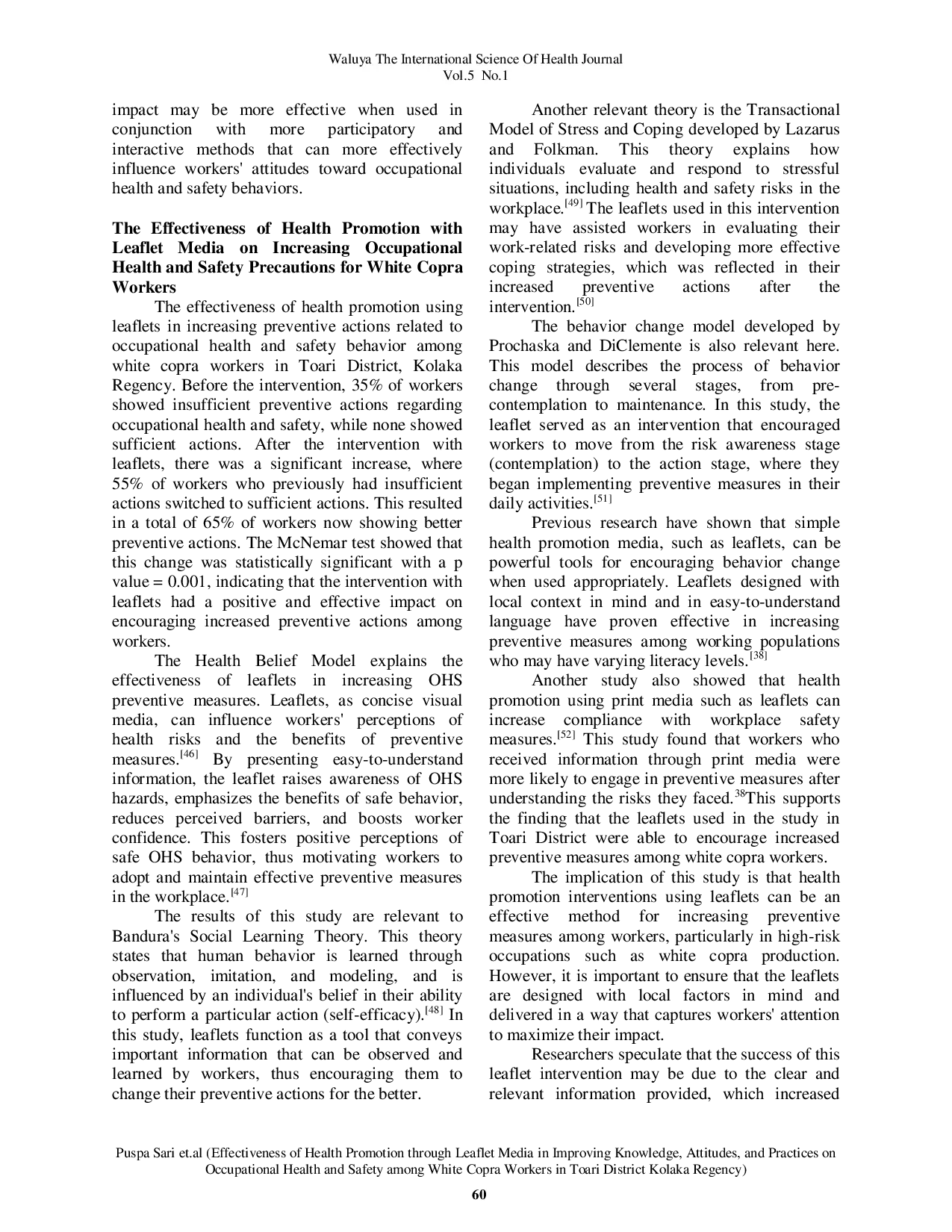 JURIS Effectiveness of Health Promotion through Leaflet Media in Improving Knowledge Attitudes and Practices on Occupational Health and Safety among White Copra Workers in Toari District Kolaka Regency