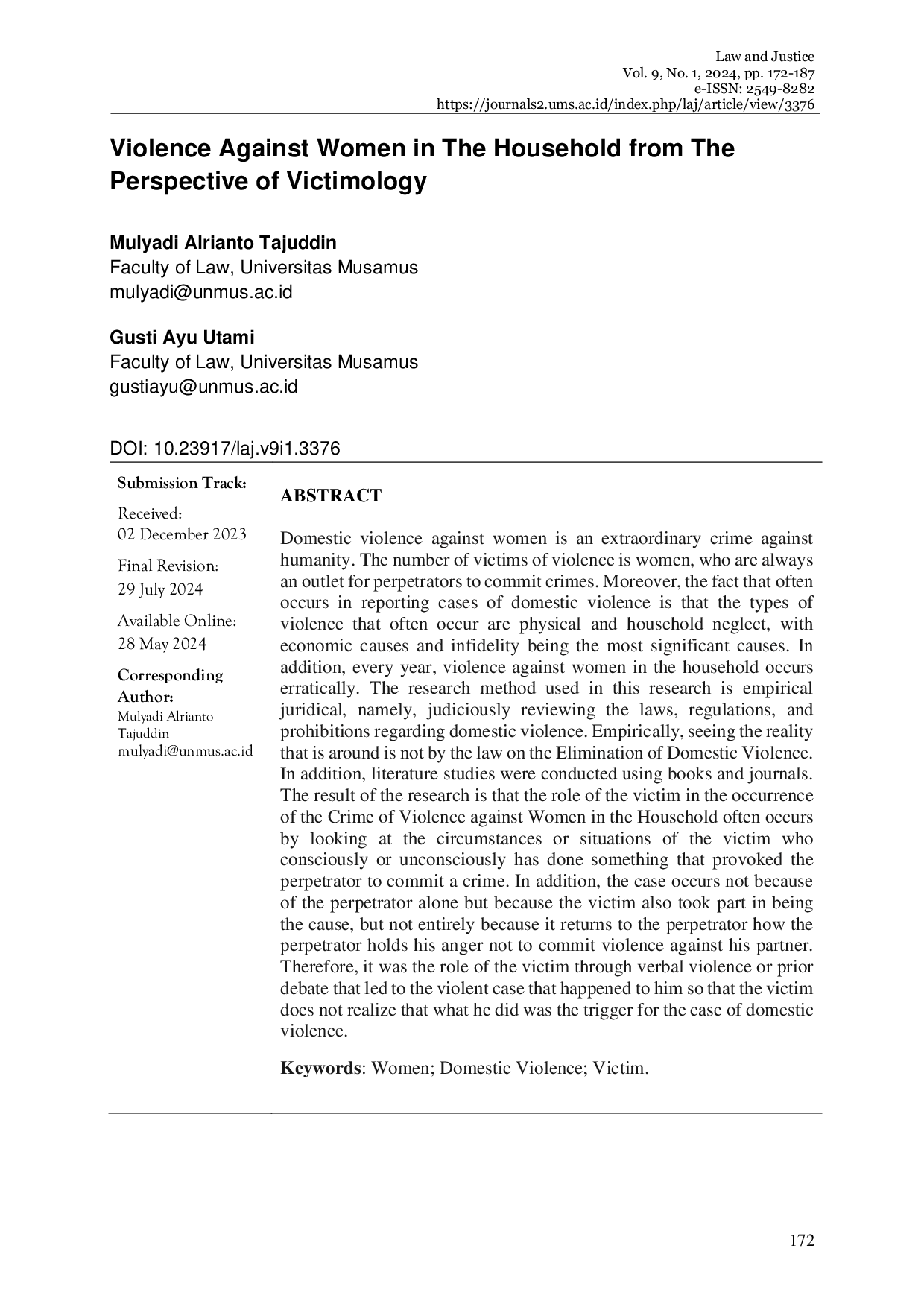 JURIS Violence Against Women In The Household From The Perspective Of Victimology