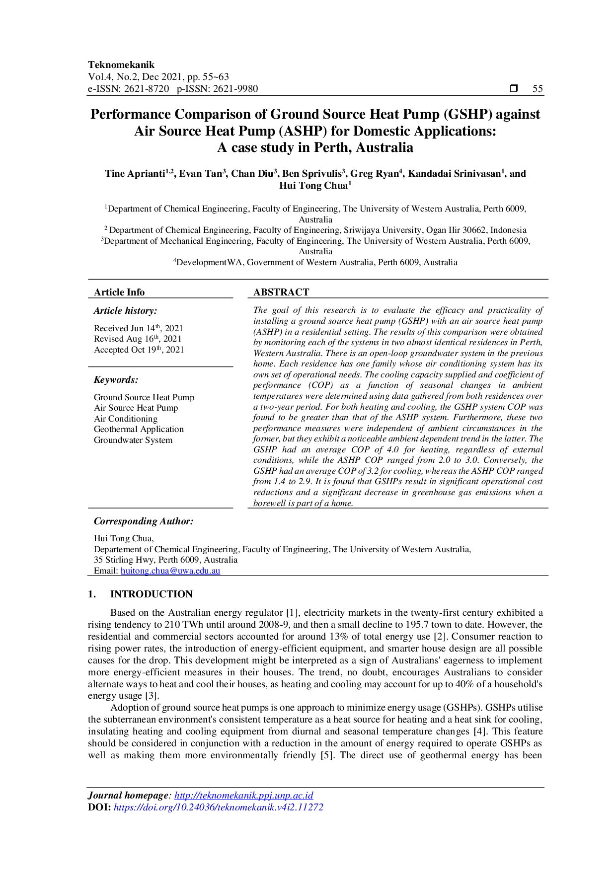 juris Performance Comparison of Ground Source Heat Pump GSHP against Air Source Heat Pump ASHP for Domestic Applications A case study in Perth Australia