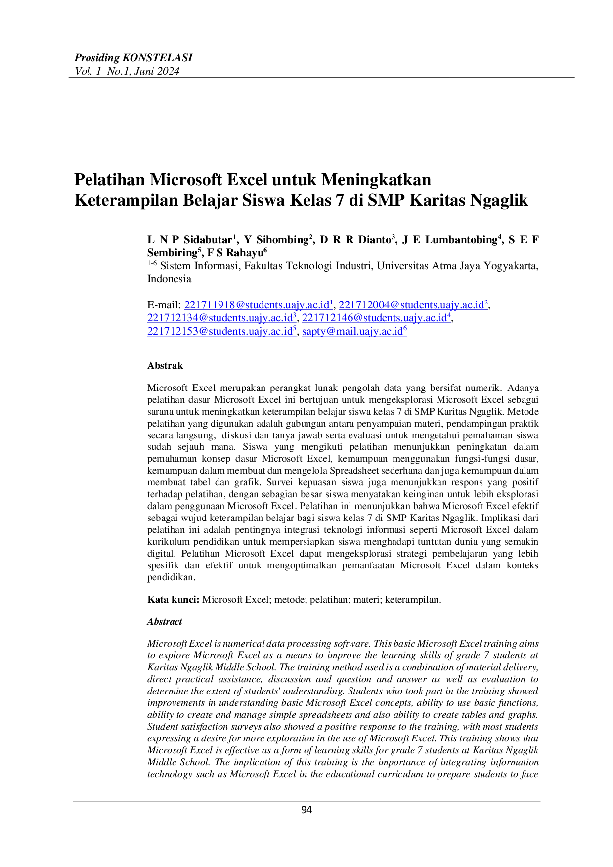 juris Pelatihan Microsoft Excel untuk Meningkatkan Keterampilan Belajar Siswa Kelas 7 di SMP Karitas Ngaglik