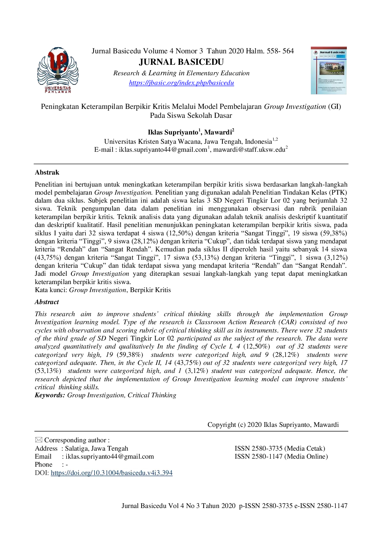 JURIS Peningkatan Keterampilan Berpikir Kritis melalui Model Pembelajaran Group Investigation pada Siswa Sekolah Dasar