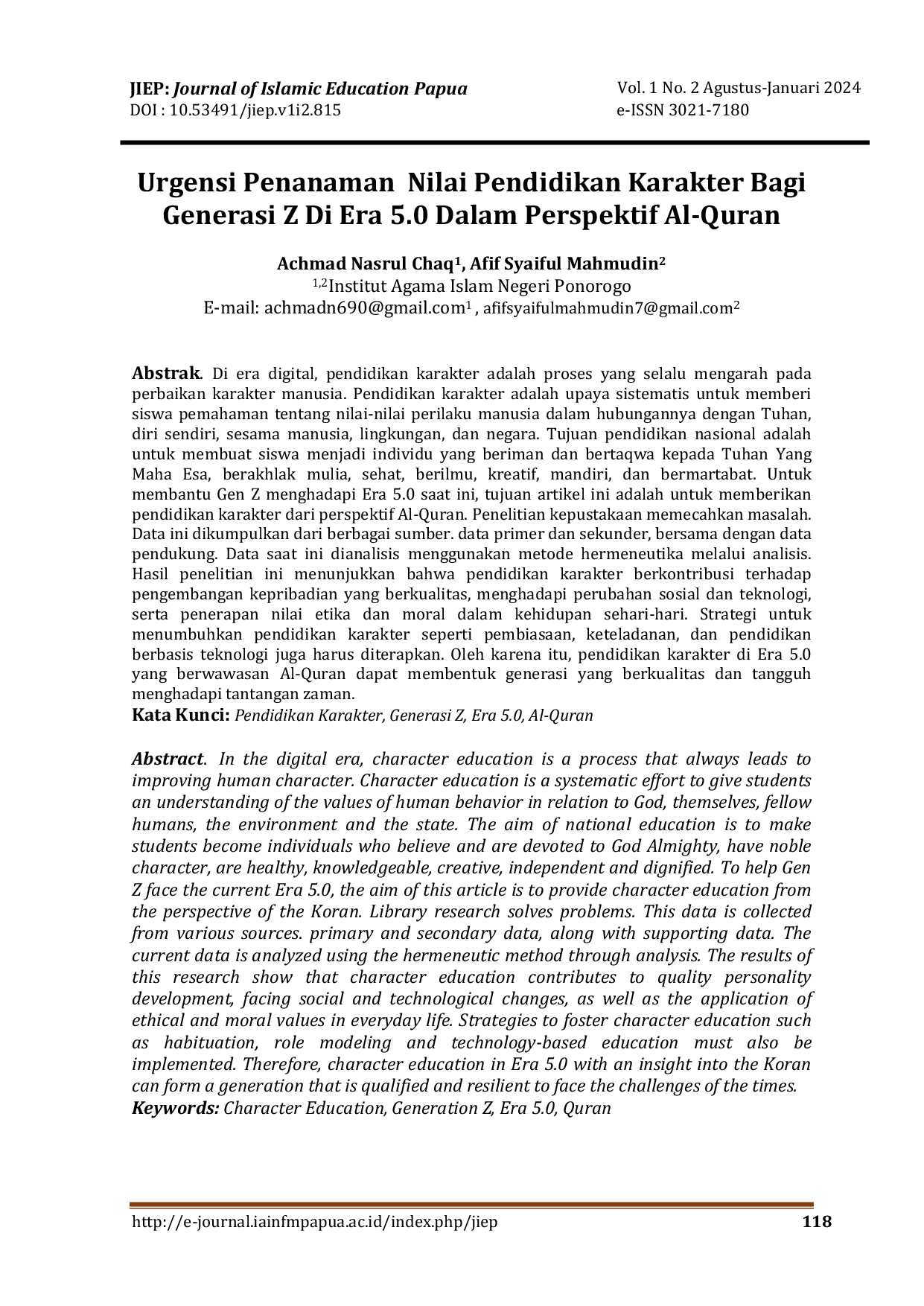 JURIS Urgensi Penanaman Nilai Pendidikan Karakter Bagi Generasi Z Di Era 5 0 Dalam Perspektif Al Quran