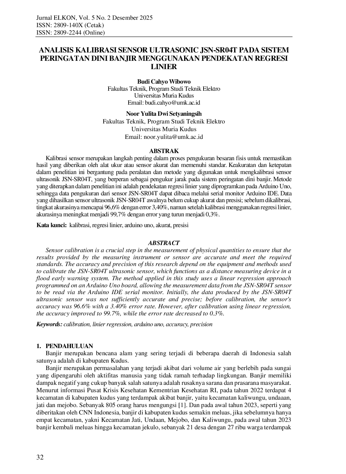 JURIS Analisis Kalibrasi Sensor Ultrasonic JSN SR04T pada Sistem Peringatan Dini Banjir Menggunakan Pendekatan Regresi Linier