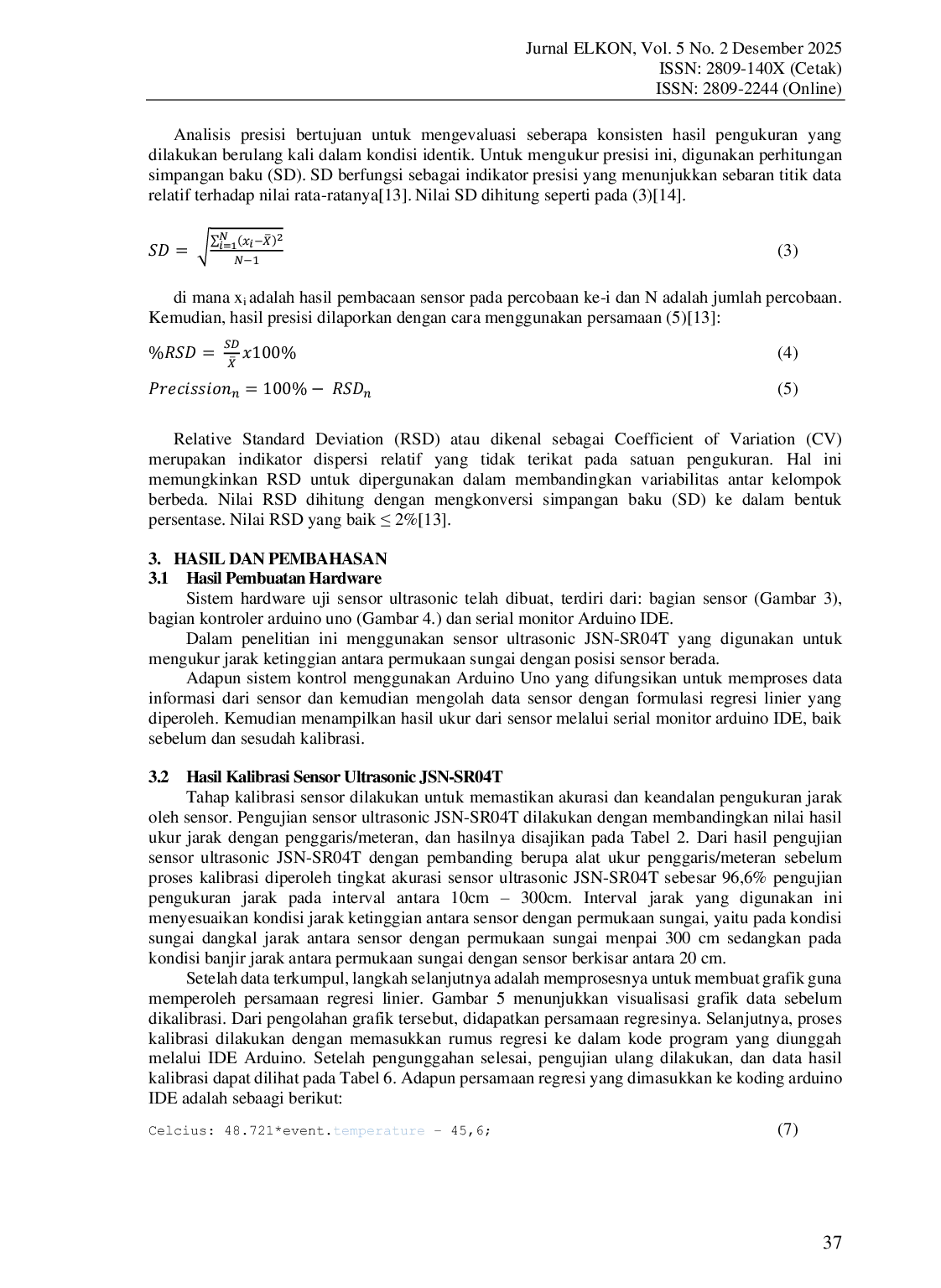 JURIS Analisis Kalibrasi Sensor Ultrasonic JSN SR04T pada Sistem Peringatan Dini Banjir Menggunakan Pendekatan Regresi Linier