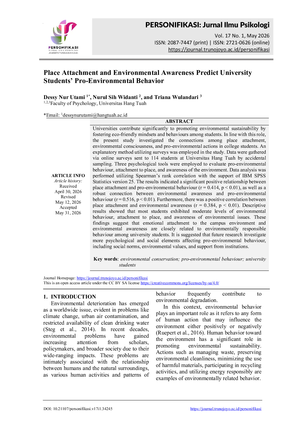 JURIS Place attachment and environmental awareness predict university students pro environmental behavior