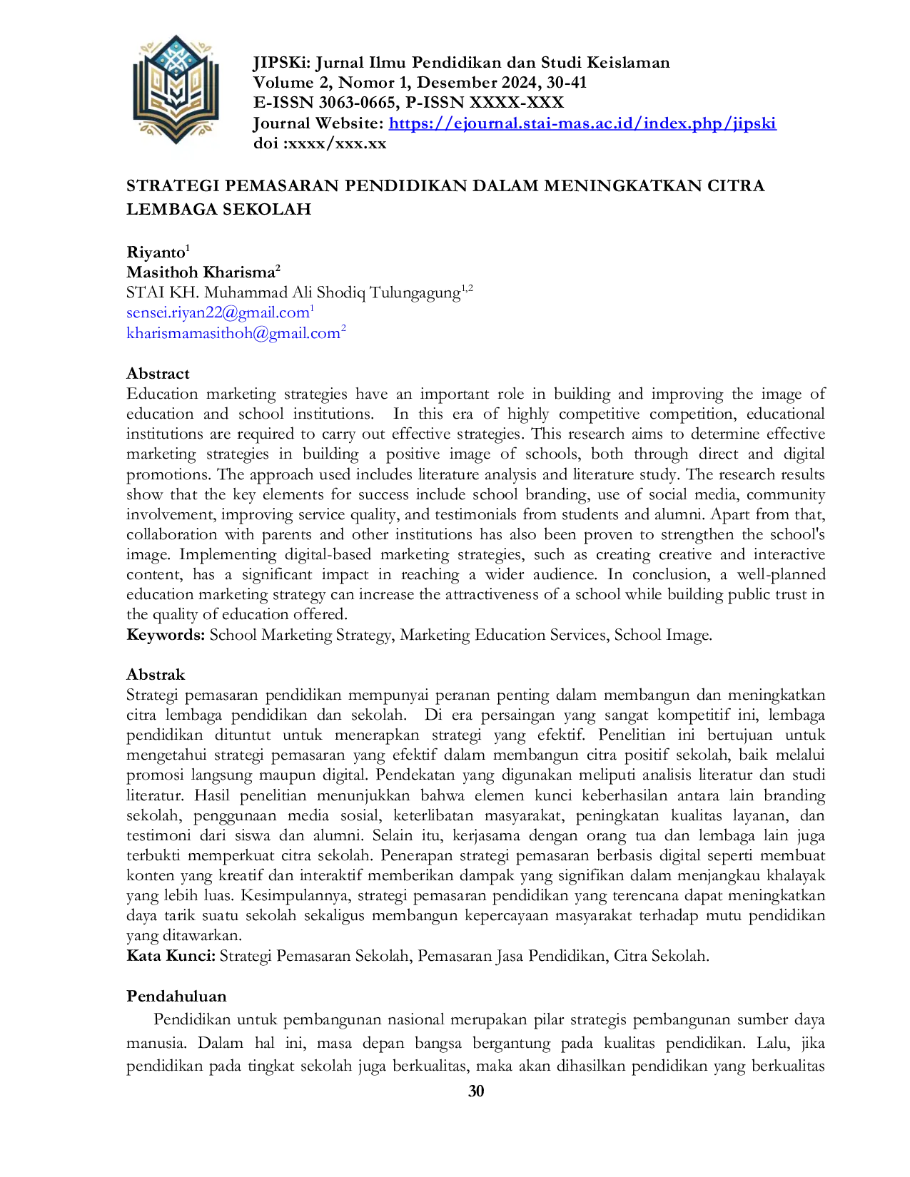 JURIS Strategi Pemasaran Pendidikan Dalam Meningkatkan Citra Lembaga Sekolah
