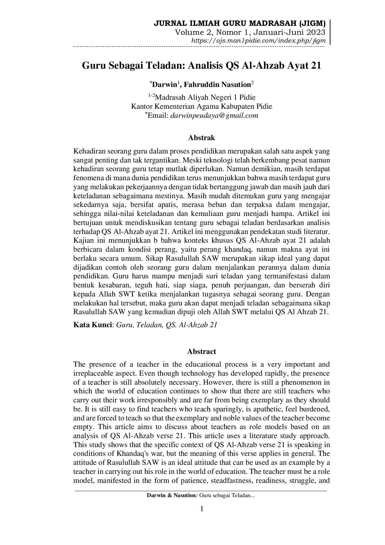 JURIS Guru Sebagai Teladan Analisis QS Al Ahzab Ayat 21