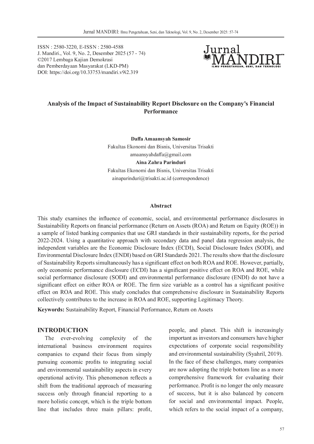 JURIS Analysis of the Impact of Sustainability Report Disclosure on the Company s Financial Performance