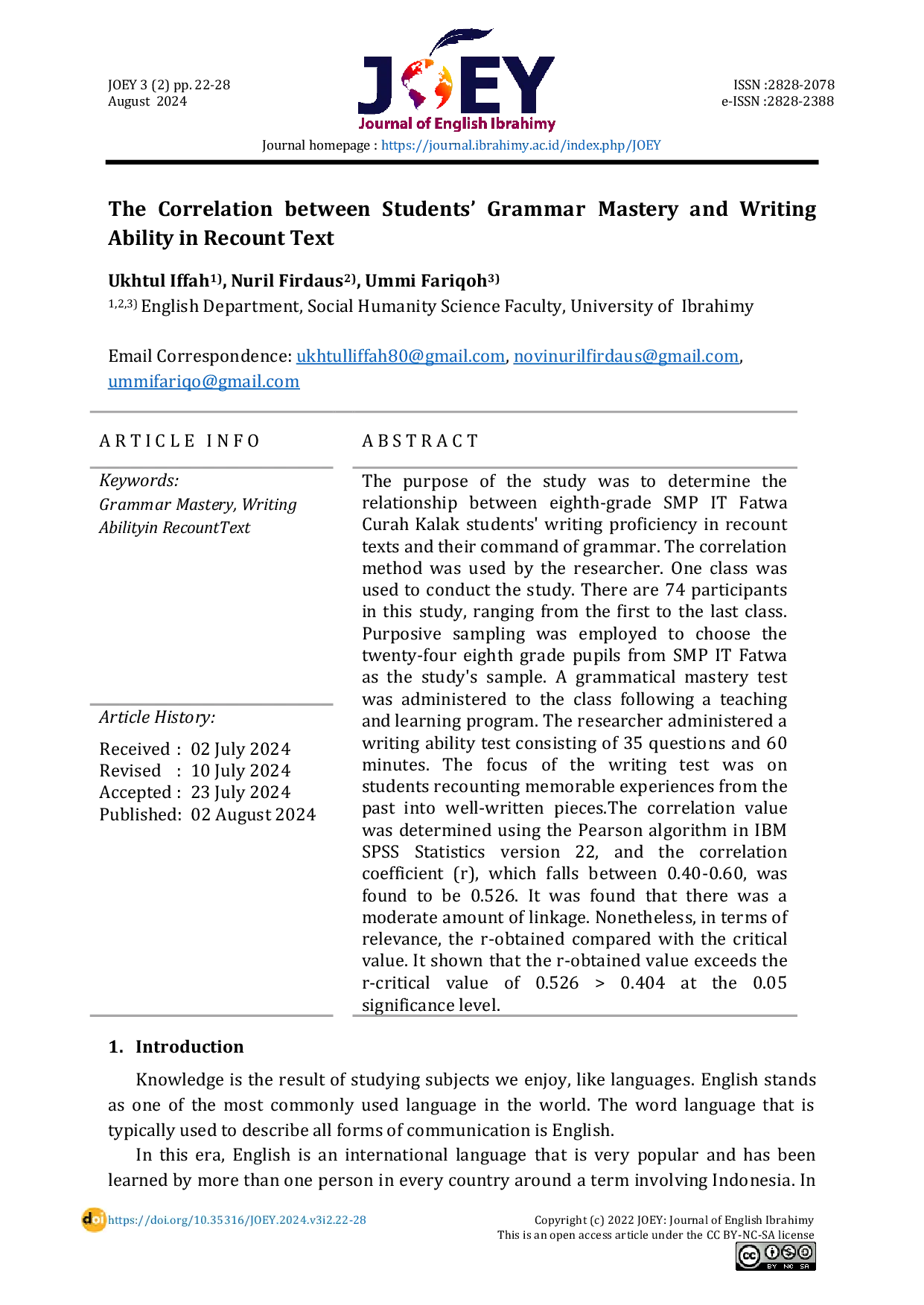 JURIS The Correlation between Students Grammar Mastery and Writing Ability in Recount Text English