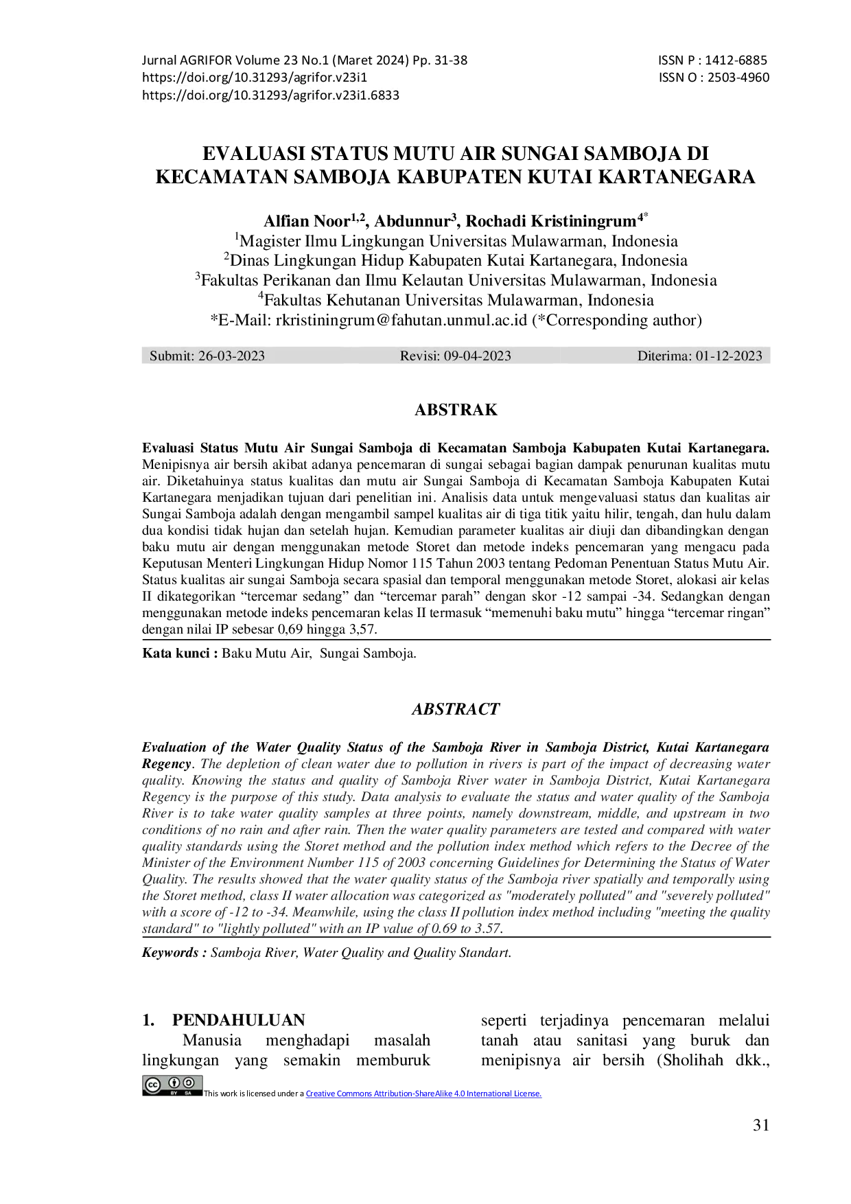 JURIS Evaluasi Status Mutu Air Sungai Samboja di Kecamatan Samboja Kabupaten Kutai Kartanegara