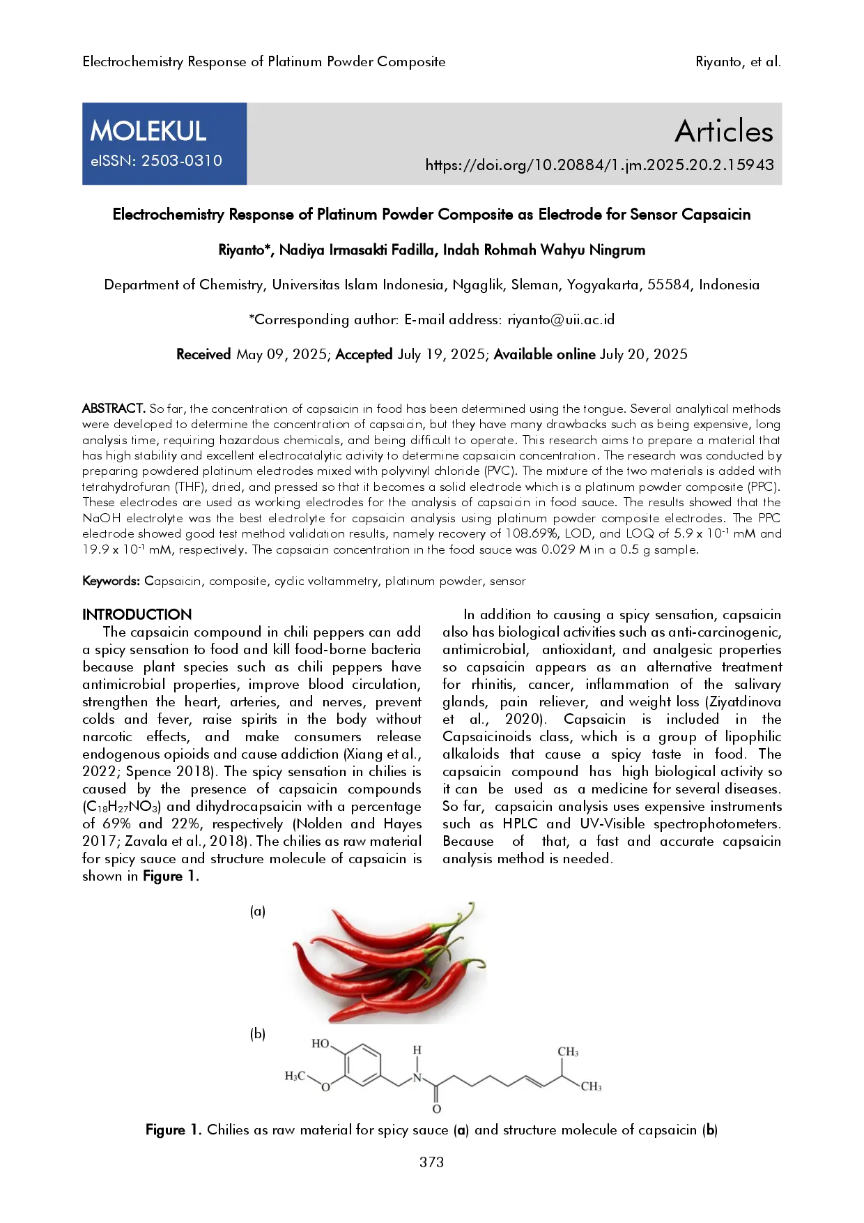 juris Electrochemistry Response of Platinum Powder Composite as Electrode for Sensor Capsaicin