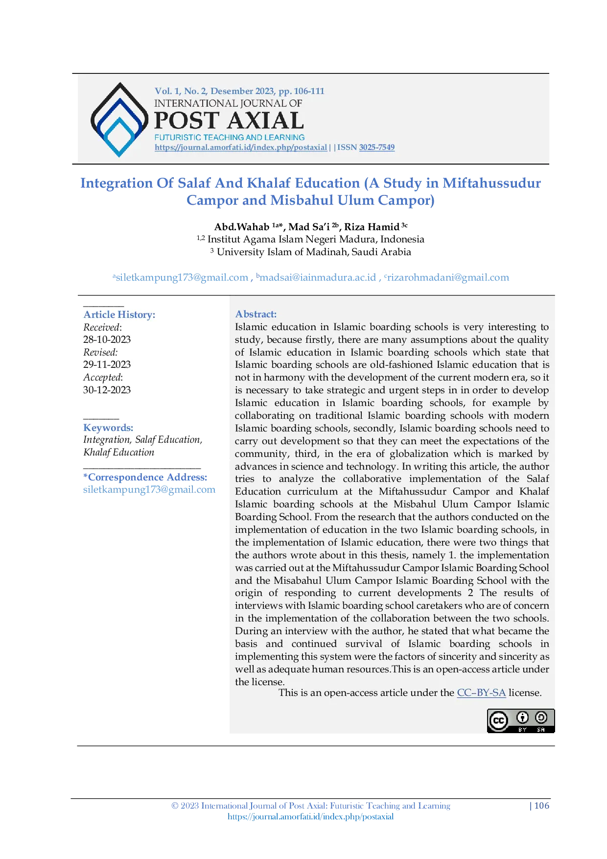 JURIS Integration Of Salaf And Khalaf Education A Study in Miftahussudur Campor and Misbahul Ulum Campor