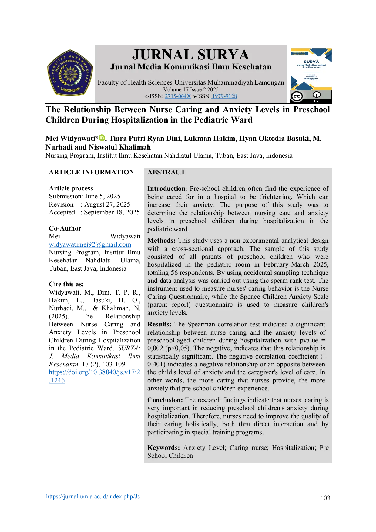 JURIS The Relationship Between Nurse Caring and Anxiety Levels in Preschool Children During Hospitalization in the Pediatric Ward