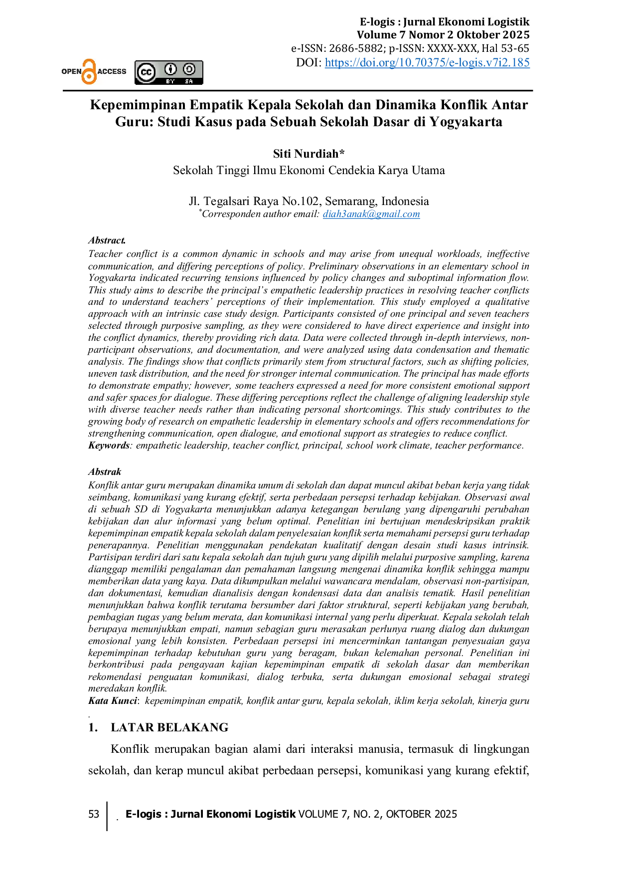 JURIS Kepemimpinan Empatik Kepala Sekolah dan Dinamika Konflik Antar Guru Studi Kasus pada Sebuah Sekolah Dasar di Yogyakarta