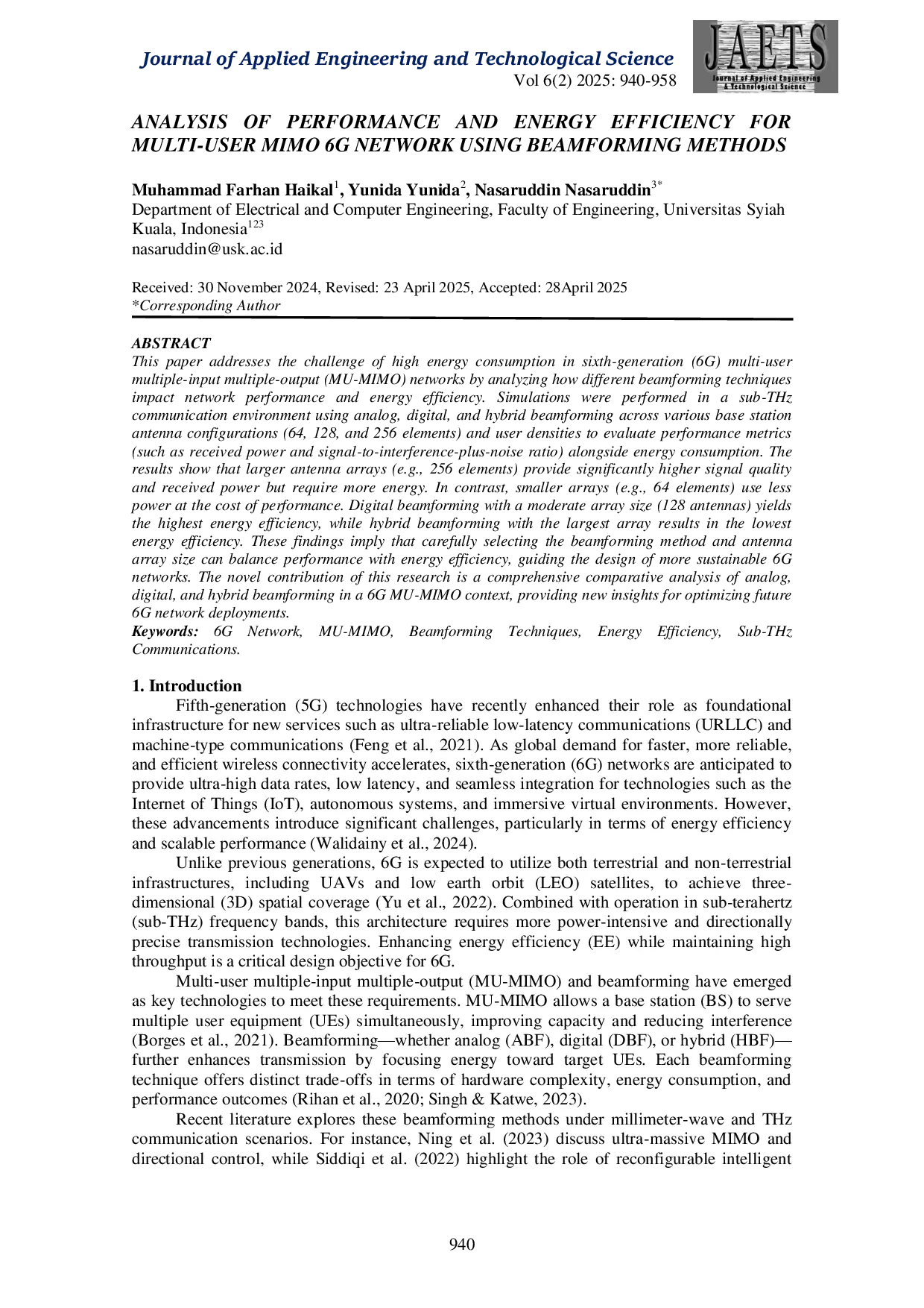 JURIS Analysis of Performance and Energy Efficiency for Multi User Mimo 6G Network Using Beamforming Methods