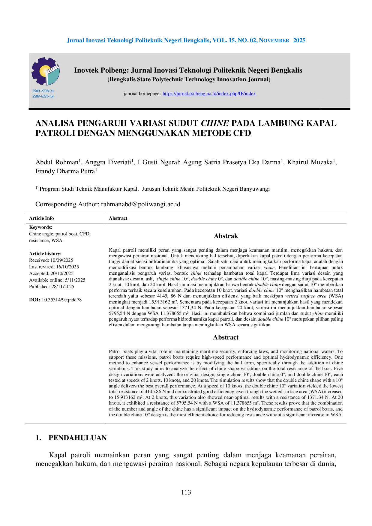JURIS Analisa Pengaruh Variasi Sudut Chine pada Lambung Kapal Patroli dengan Menggunakan Metode CFD