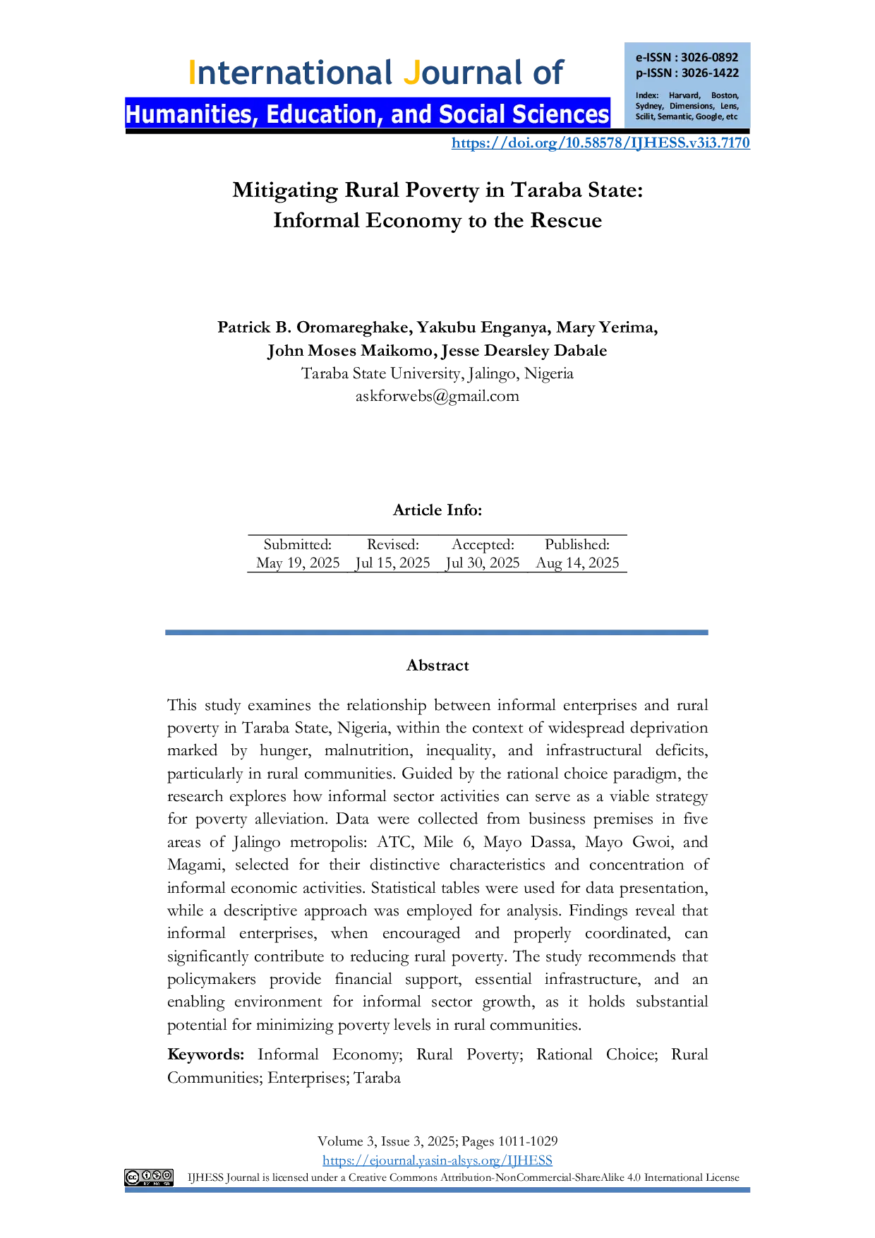 JURIS Mitigating Rural Poverty in Taraba State Informal Economy to the Rescue