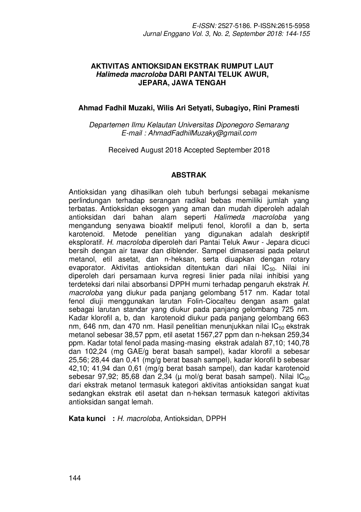 JURIS AKTIVITAS ANTIOKSIDAN EKSTRAK RUMPUT LAUT Halimeda macroloba DARI PANTAI TELUK AWUR JEPARA JAWA TENGAH