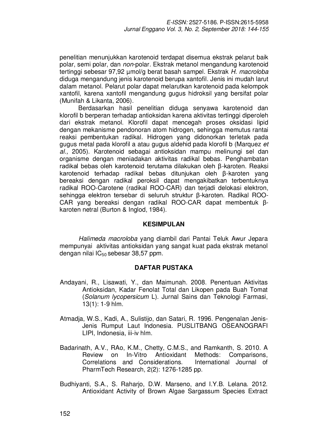 JURIS AKTIVITAS ANTIOKSIDAN EKSTRAK RUMPUT LAUT Halimeda macroloba DARI PANTAI TELUK AWUR JEPARA JAWA TENGAH