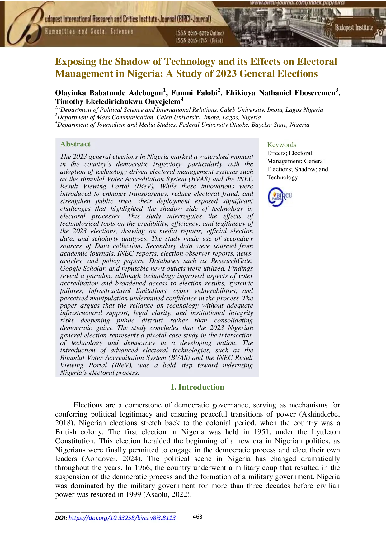 JURIS Exposing the Shadow of Technology and its Effects on Electoral Management in Nigeria A Study of 2023 General Elections