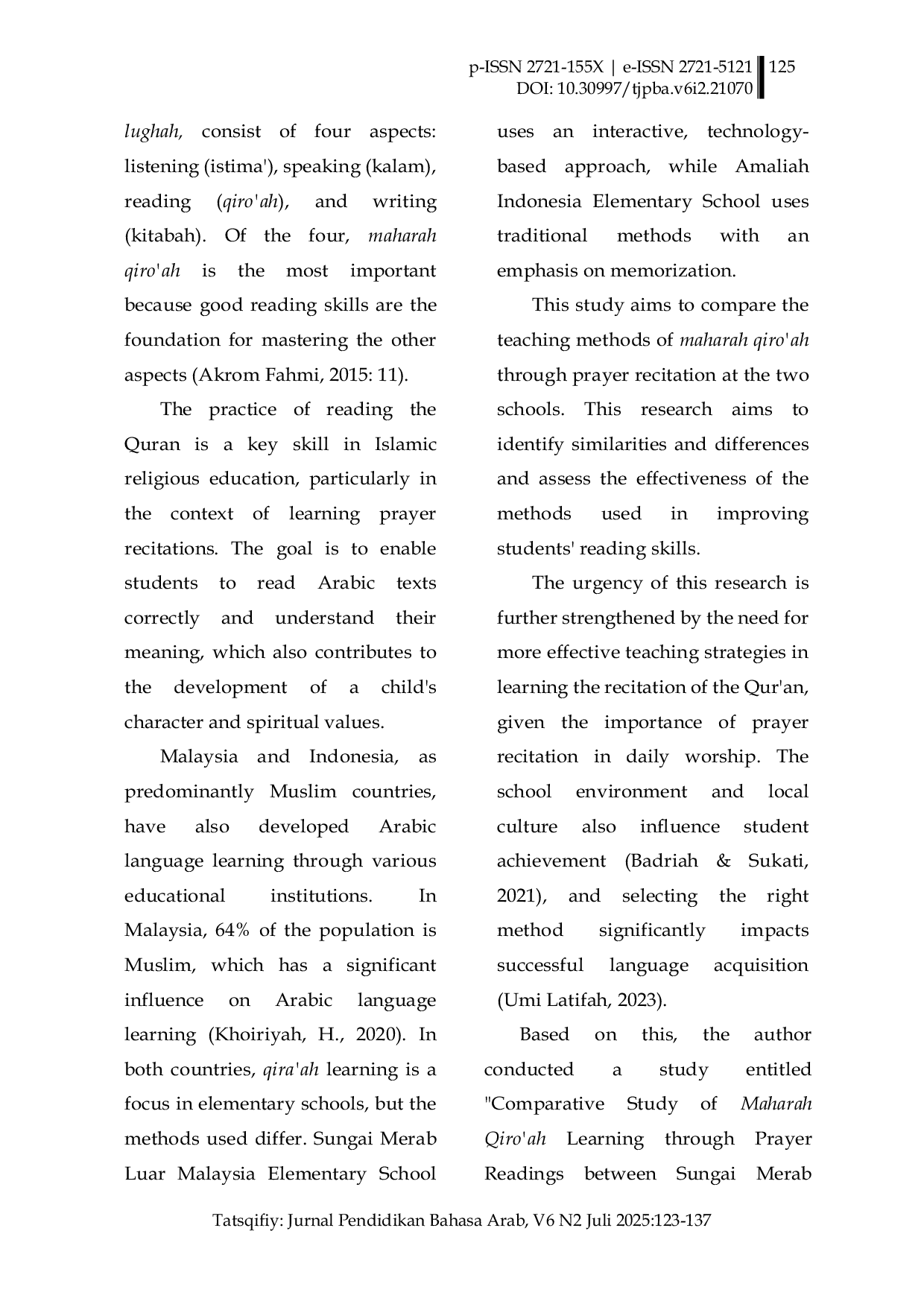 JURIS Comparative Study of Maharah Qiro ah Learning Through Prayer Readings in Malaysia and Indonesia Elementary Schools English