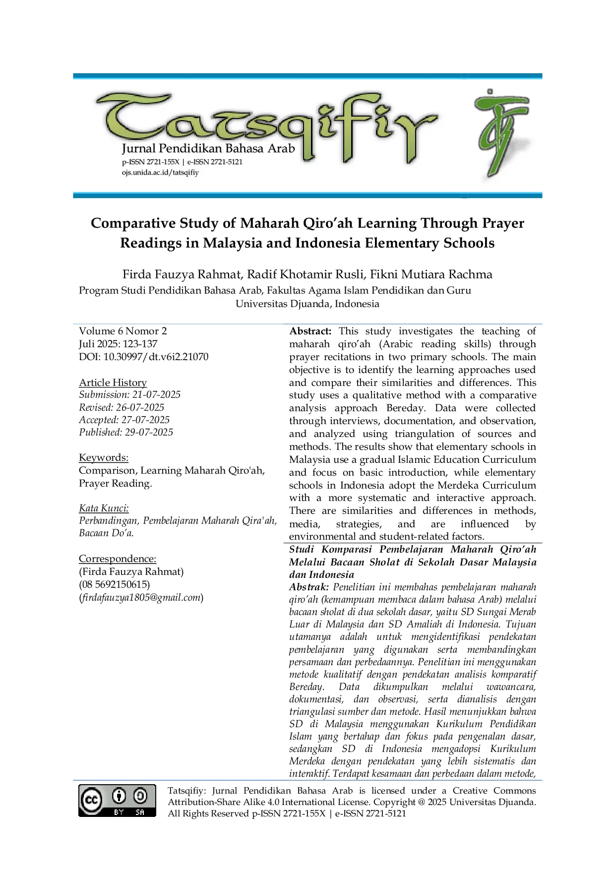 JURIS Comparative Study of Maharah Qiro ah Learning Through Prayer Readings in Malaysia and Indonesia Elementary Schools English