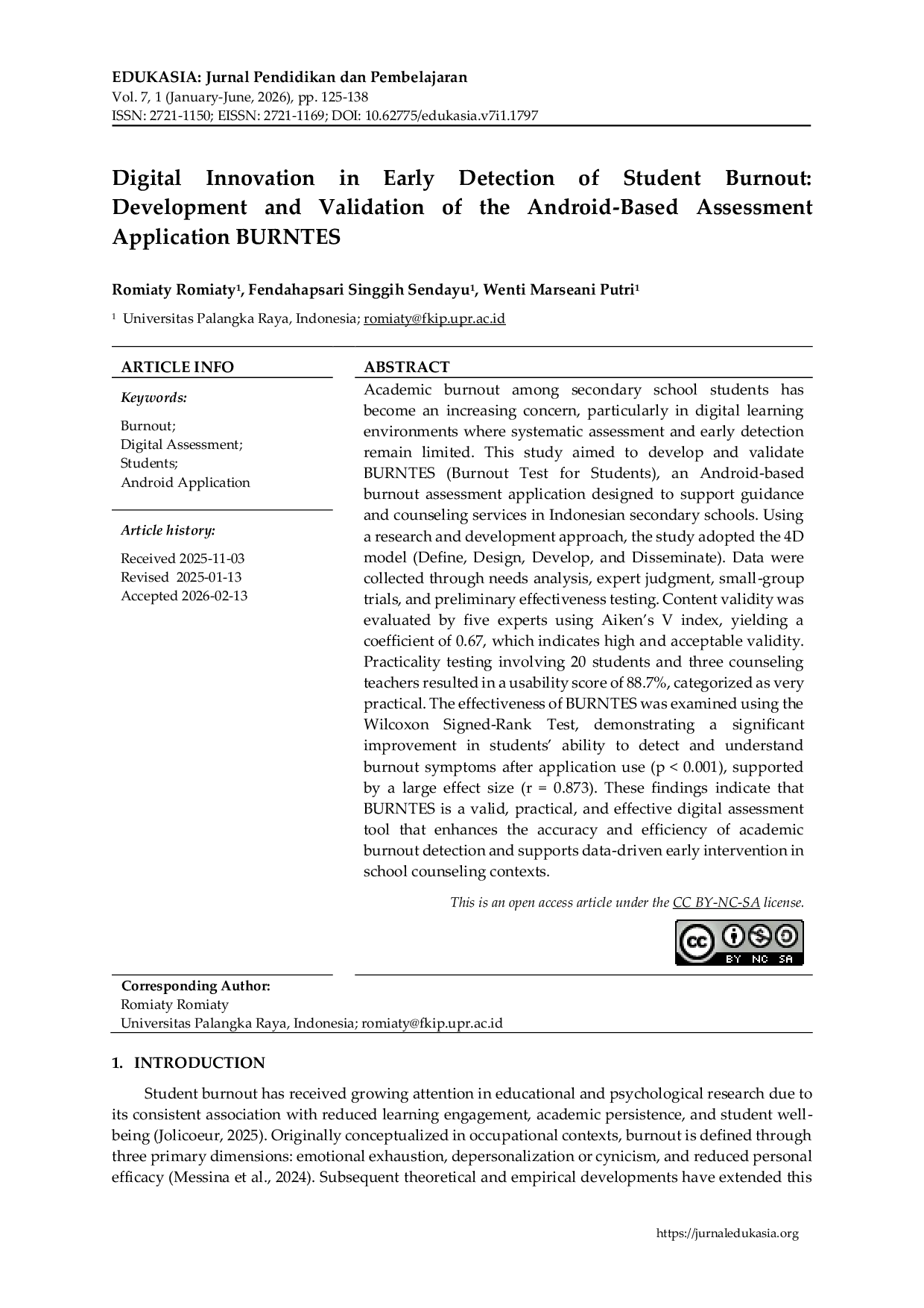 JURIS Digital Innovation in Early Detection of Student Burnout Development and Validation of the Android Based Assessment Application BURNTES
