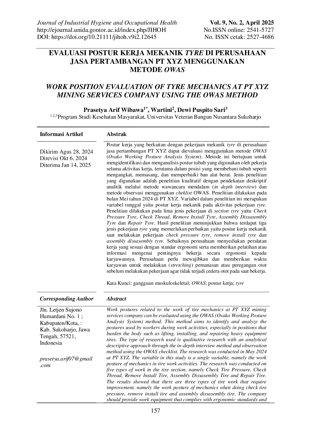 JURIS Evaluasi Postur Kerja Mekanik Tyre Di Perusahaan Jasa Pertambangan Pt Xyz Menggunakan Metode Owas