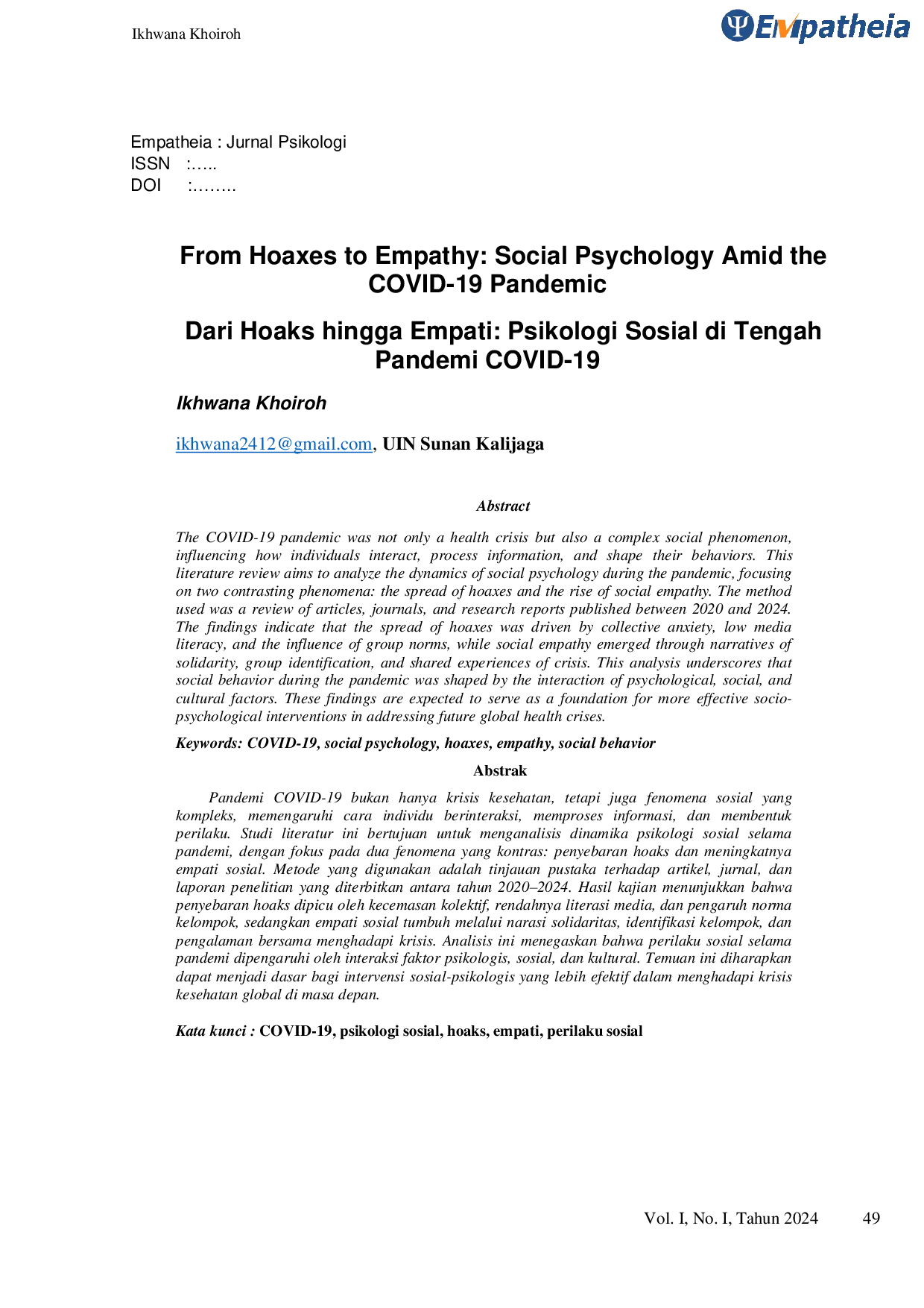 JURIS Dari Hoaks hingga Empati Psikologi Sosial di Tengah Pandemi COVID 19