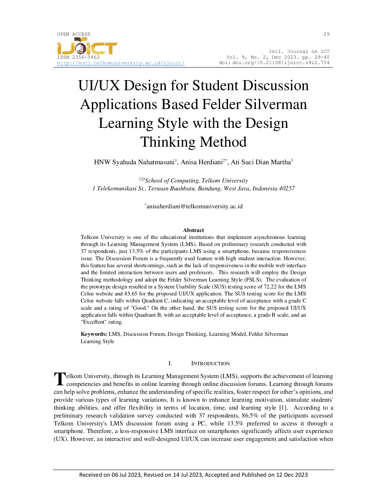 JURIS UI UX Design for Student Discussion Applications Based Felder Silverman Learning Style with the Design Thinking Method