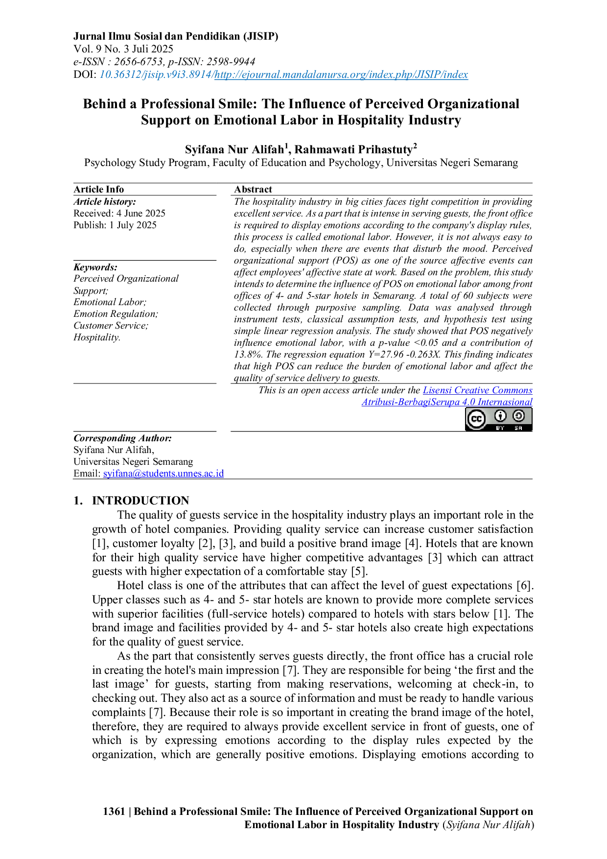 JURIS Behind a Professional Smile The Influence of Perceived Organizational Support on Emotional Labor in Hospitality Industry