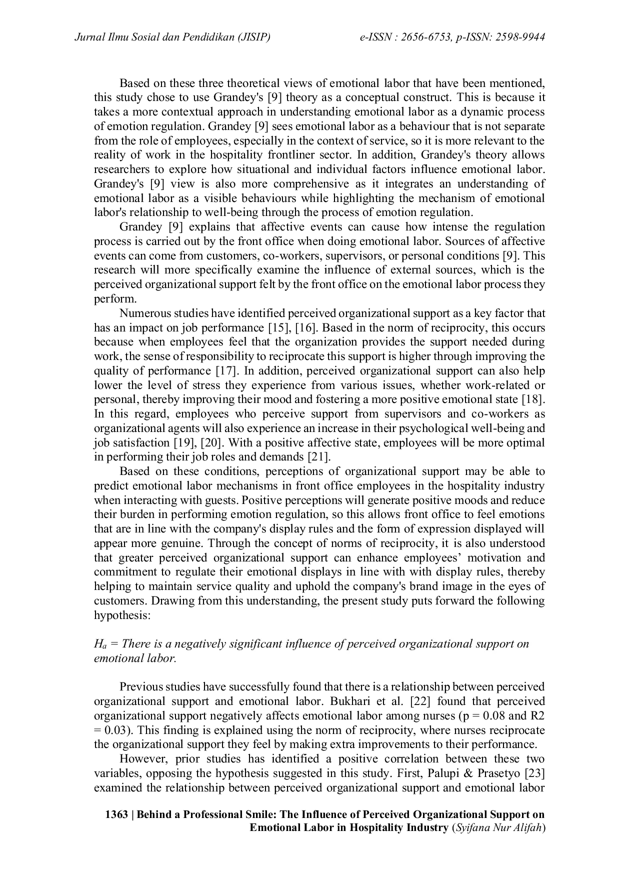 JURIS Behind a Professional Smile The Influence of Perceived Organizational Support on Emotional Labor in Hospitality Industry