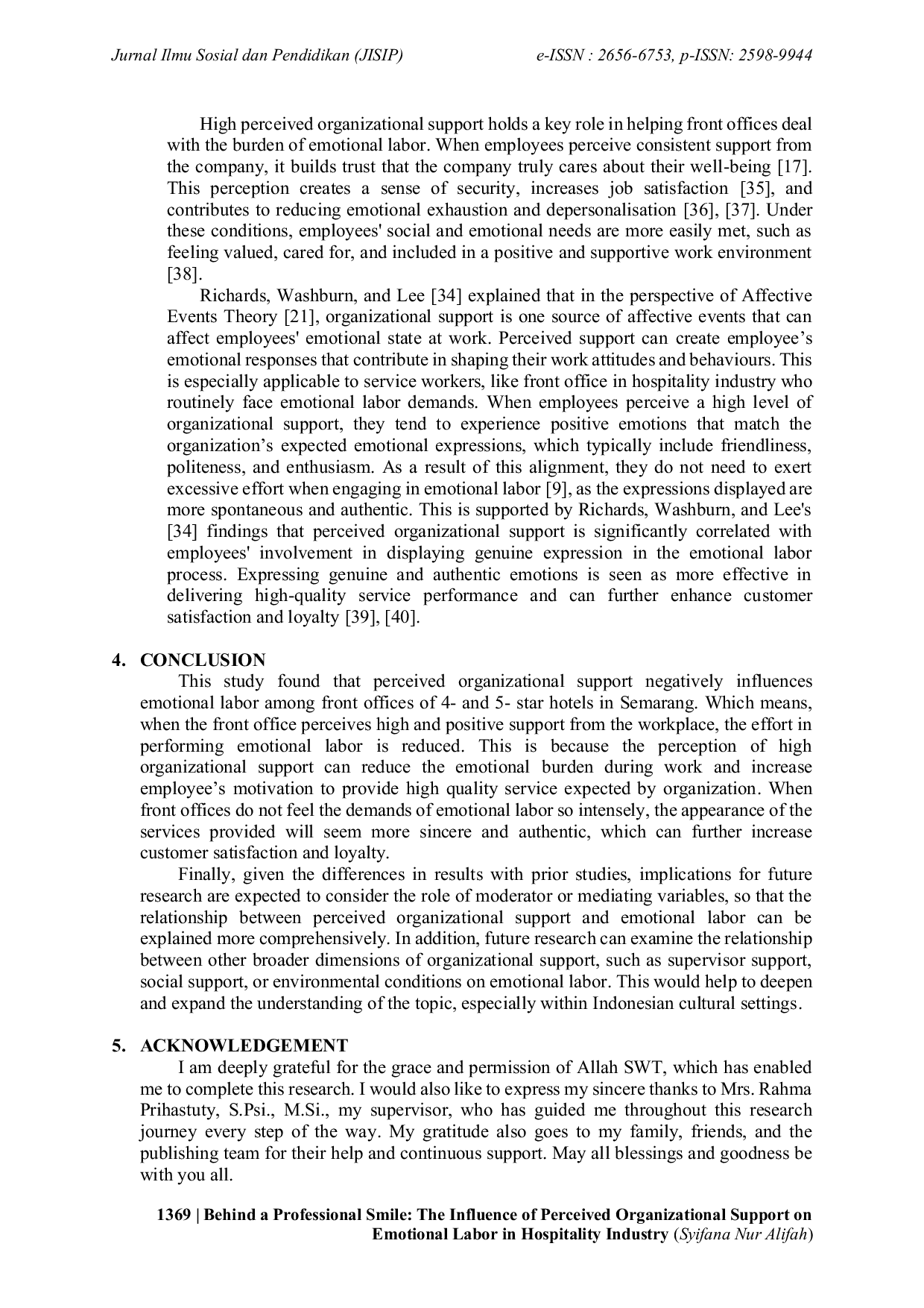 JURIS Behind a Professional Smile The Influence of Perceived Organizational Support on Emotional Labor in Hospitality Industry