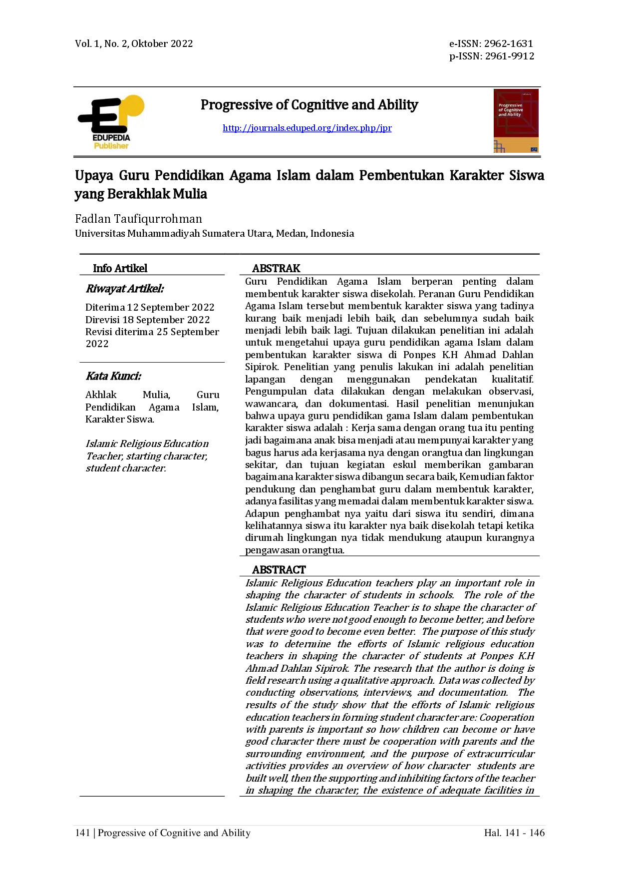 juris Upaya Guru Pendidikan Agama Islam dalam Pembentukan Karakter Siswa yang Berakhlak Mulia