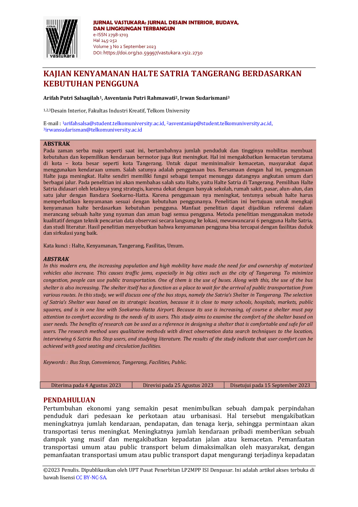 JURIS Kajian Kenyamanan Halte Satria Tangerang Berdasarkan Kebutuhan Pengguna
