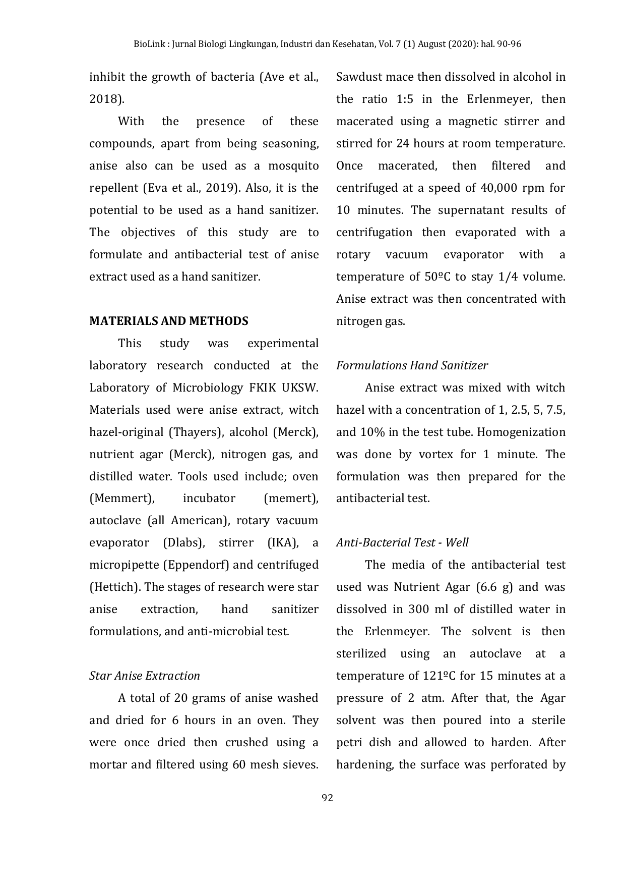 JURIS FORMULATION AND ANTIBACTERIAL TEST OF STAR ANISE EXTRACT Illicium verum Hook F AS A HAND SANITIZER