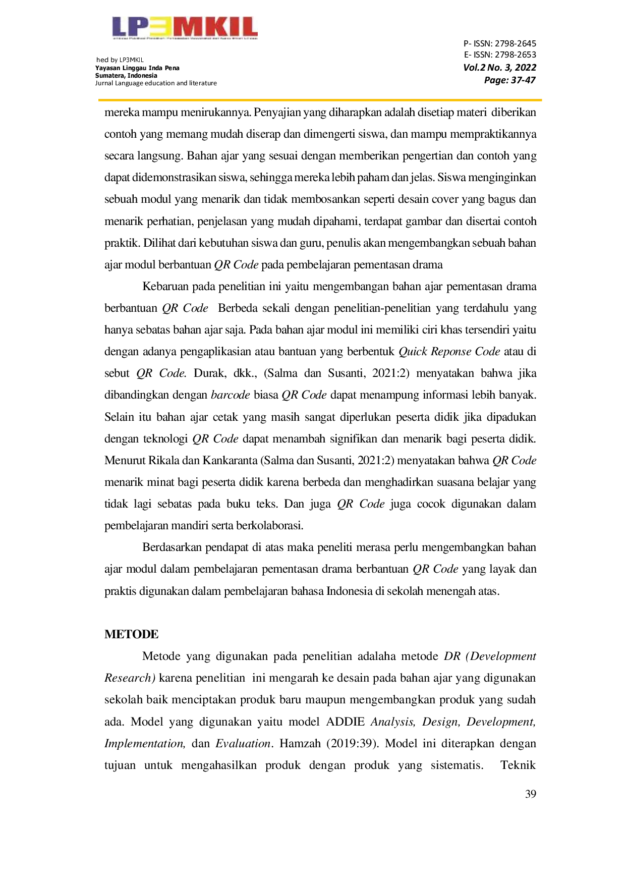 JURIS Pengembangan Bahan Ajar Pementasan Drama berbantuan QR Code pada Siswa Kelas XI di MA Al Muhajirin Tugumulyo