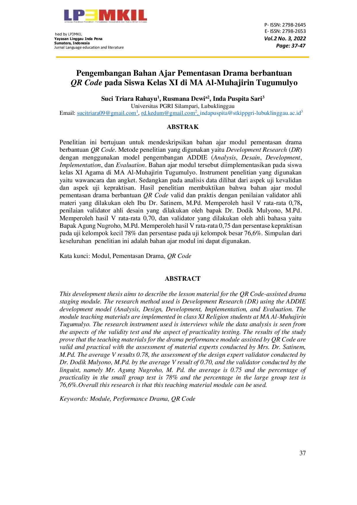 JURIS Pengembangan Bahan Ajar Pementasan Drama berbantuan QR Code pada Siswa Kelas XI di MA Al Muhajirin Tugumulyo