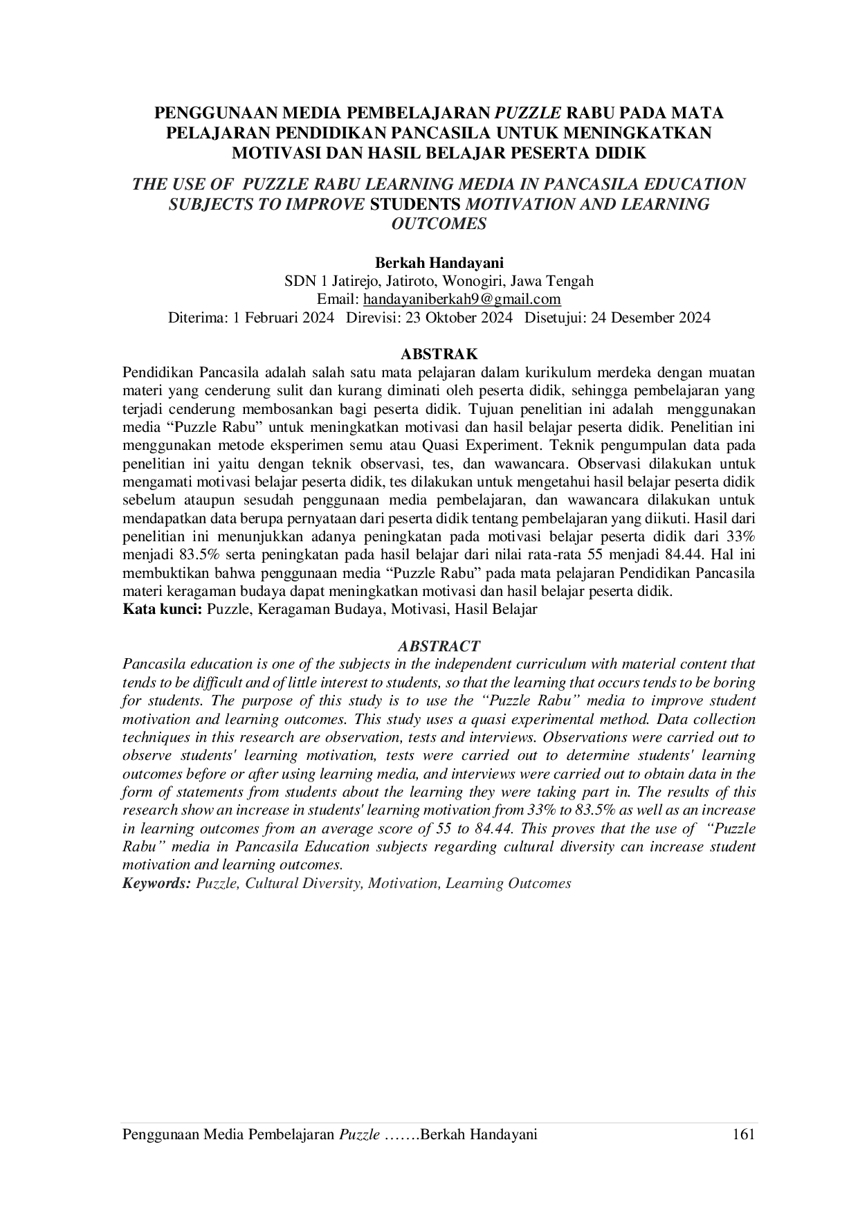JURIS Penggunaan Media Pembelajaran Puzzle Rabu Pada Mata Pelajaran Pendidikan Pancasila Untuk Meningkatkan Motivasi Dan Hasil Belajar Peserta Didik
