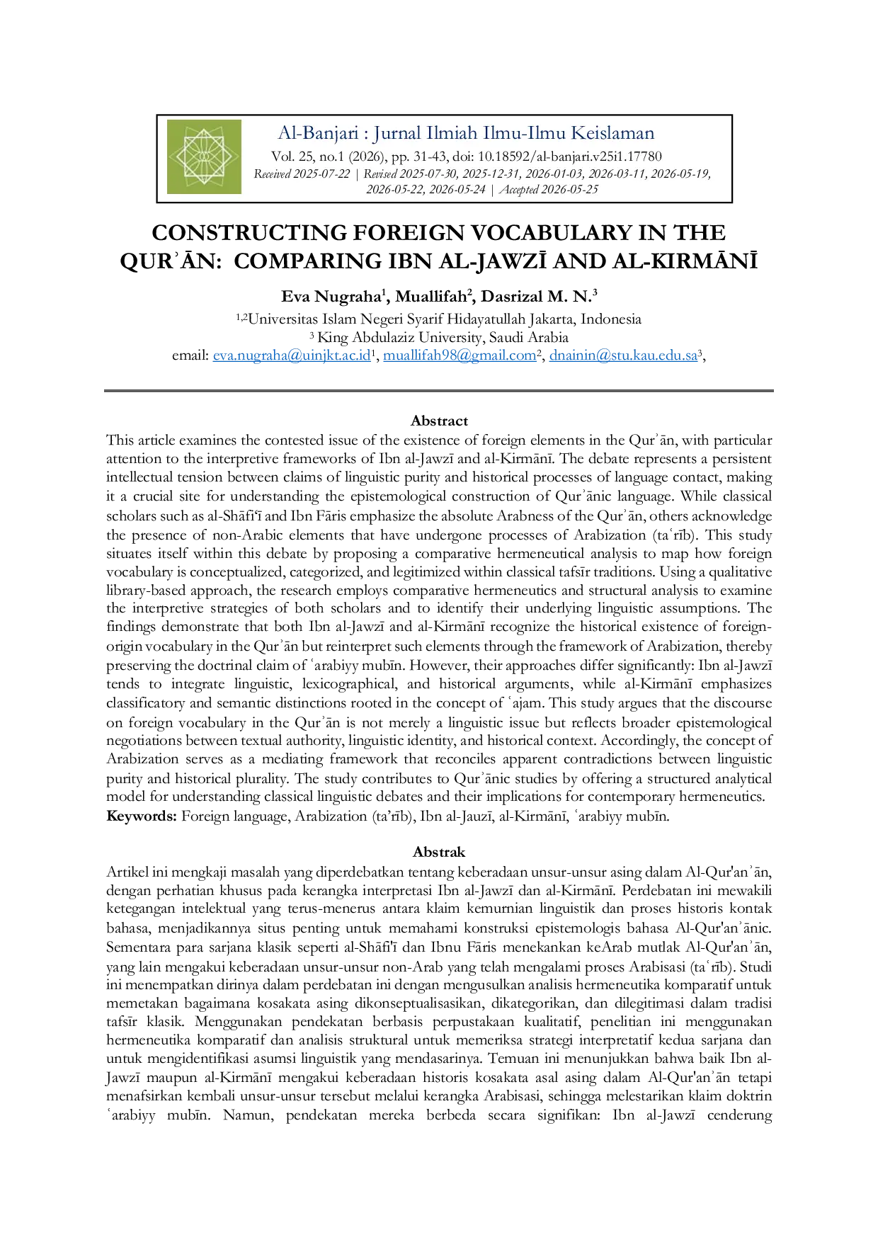 JURIS Constructing Foreign Vocabulary in the QurAn A Comparative Study of Ibn al Jawz and al KirmAn
