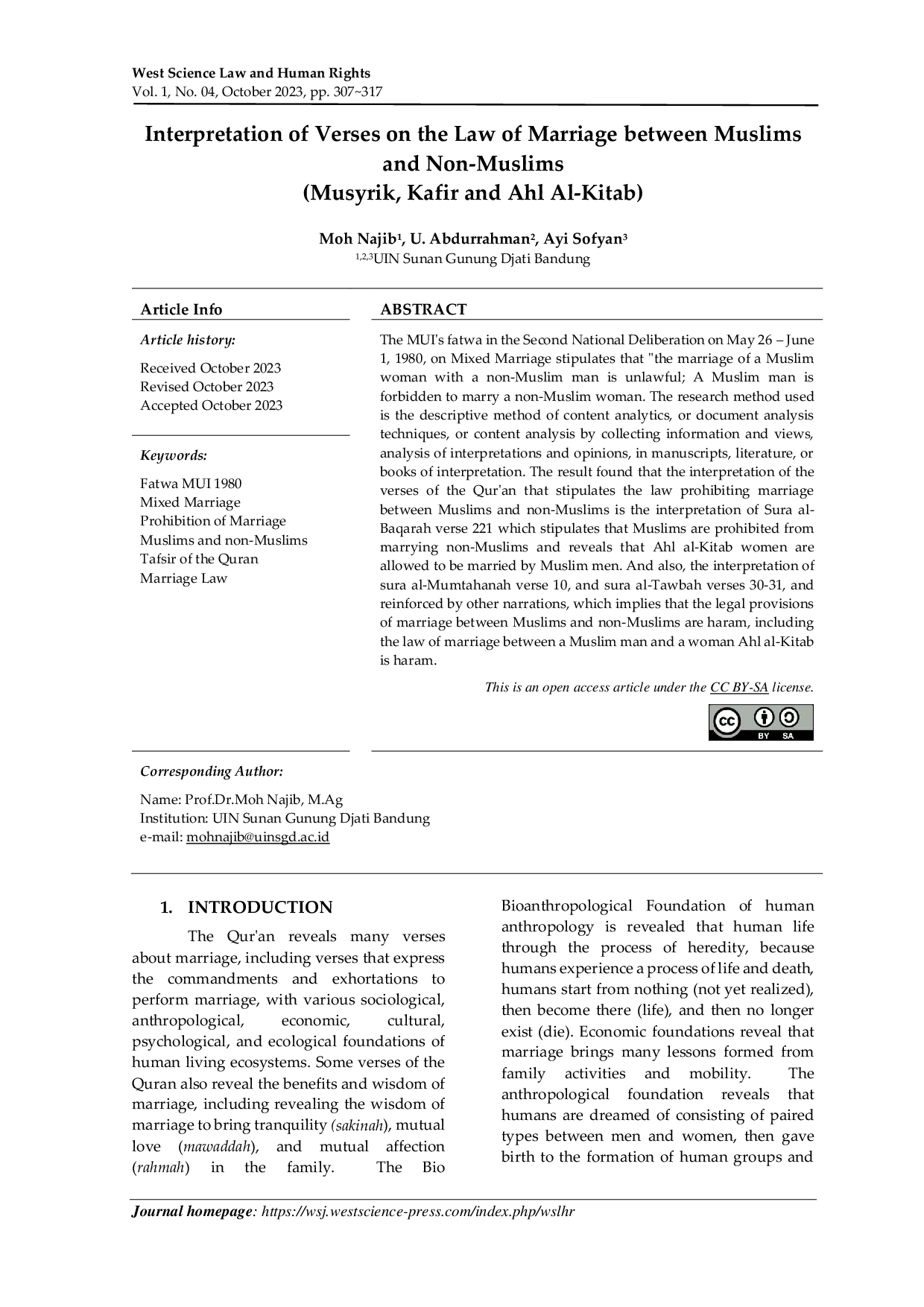 JURIS Interpretation of Verses on the Law of Marriage between Muslims and Non Muslims Musyrik Kafir and Ahl Al Kitab
