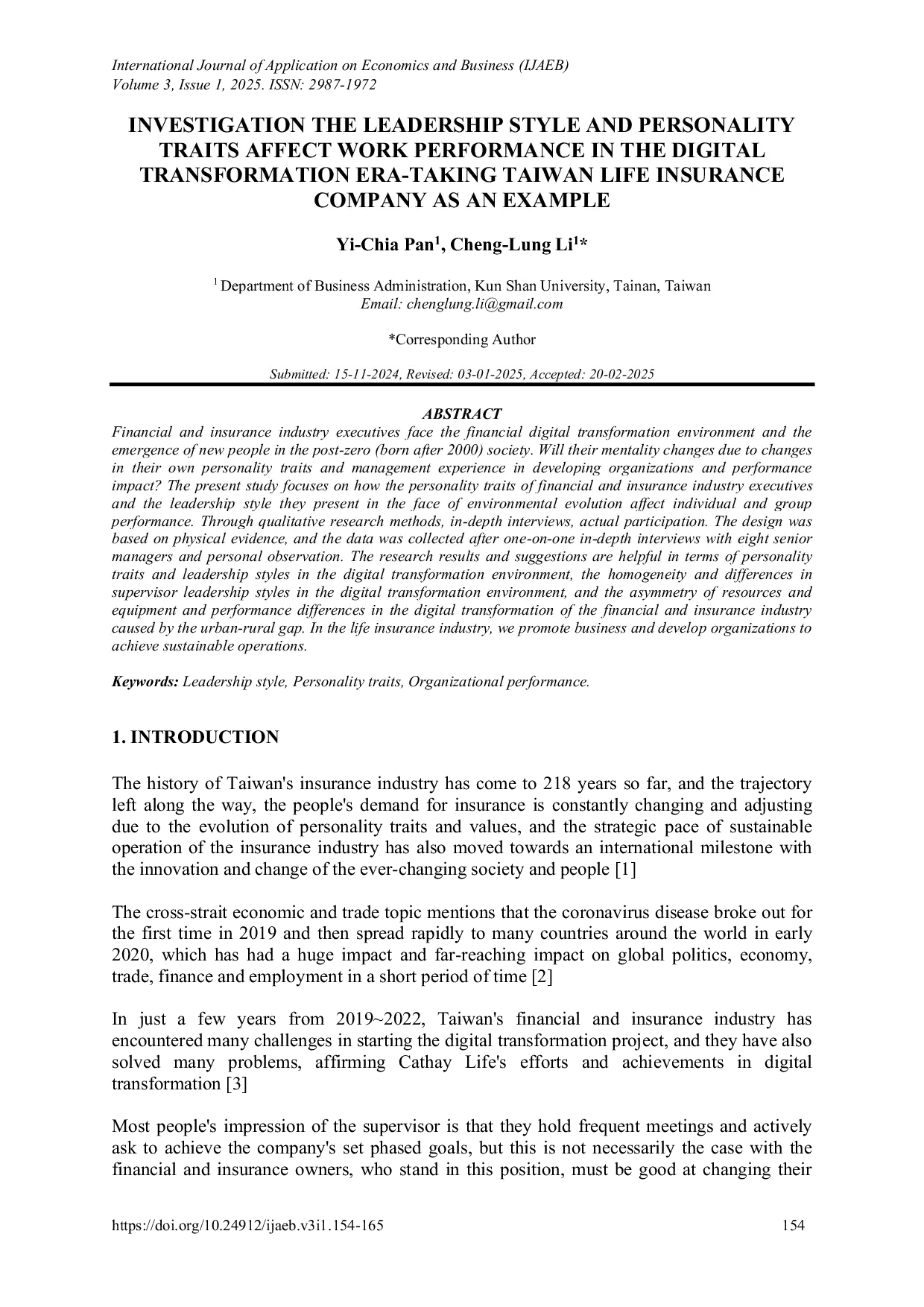 JURIS Penelitian Gaya Kepemimpinan dan Sifat sifat Kepribadian yang Mempengaruhi Kinerja Kerja di Era Transformasi Digital Teladan dari Perusahaan Asuransi Jiwa Taiwan