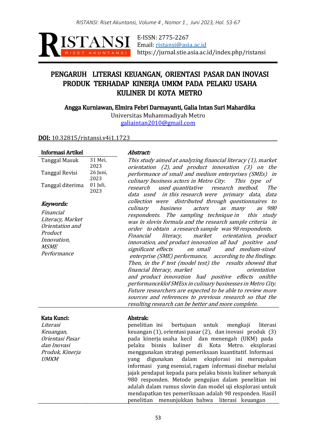 JURIS PENGARUH LITERASI KEUANGAN ORIENTASI PASAR DAN INOVASI PRODUK TERHADAP KINERJA UMKM PADA PELAKU USAHA KULINER DI KOTA METRO