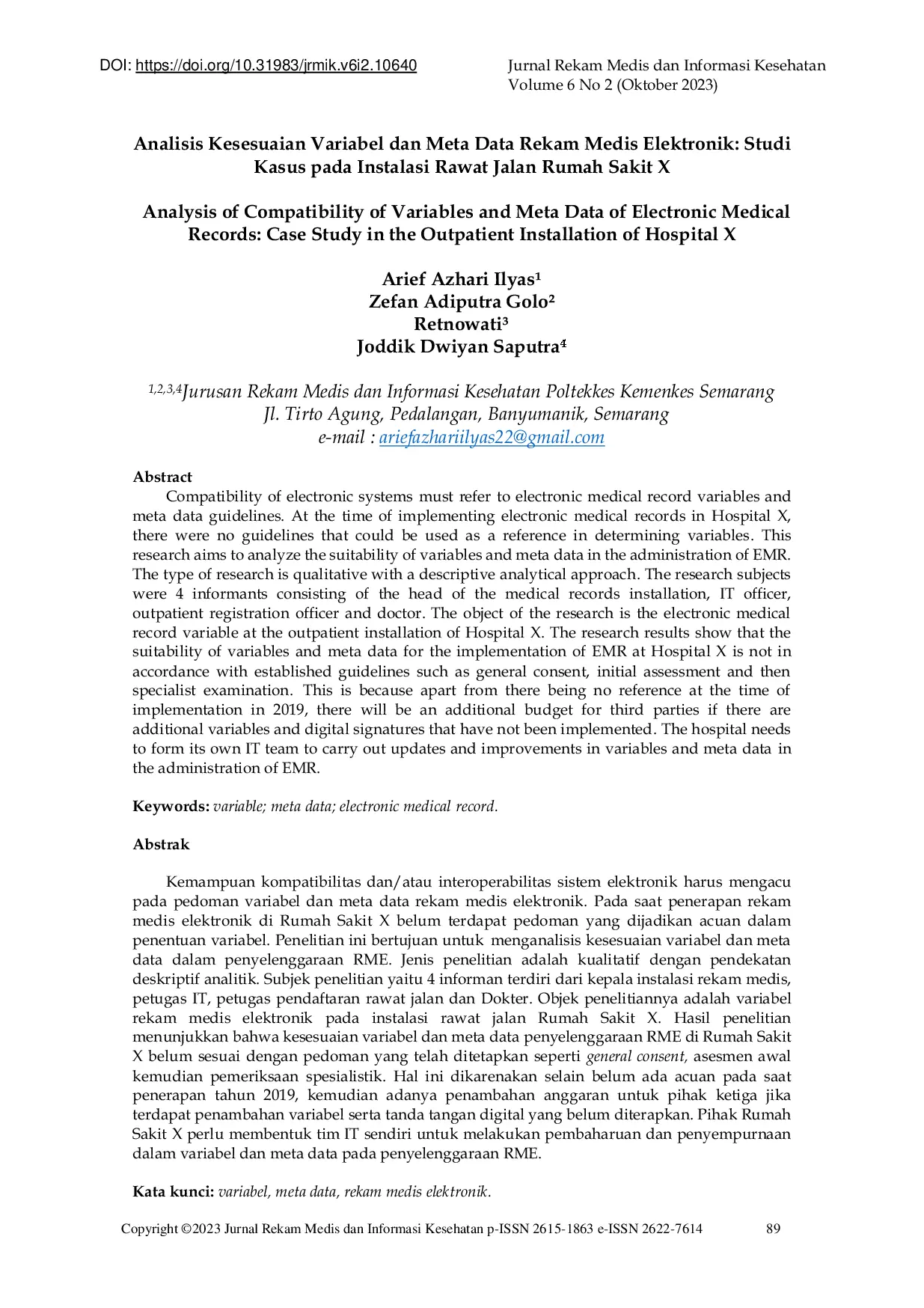 JURIS Analisis Kesesuaian Variabel dan Meta Data Rekam Medis Elektronik Studi Kasus pada Instalasi Rawat Jalan Rumah Sakit X