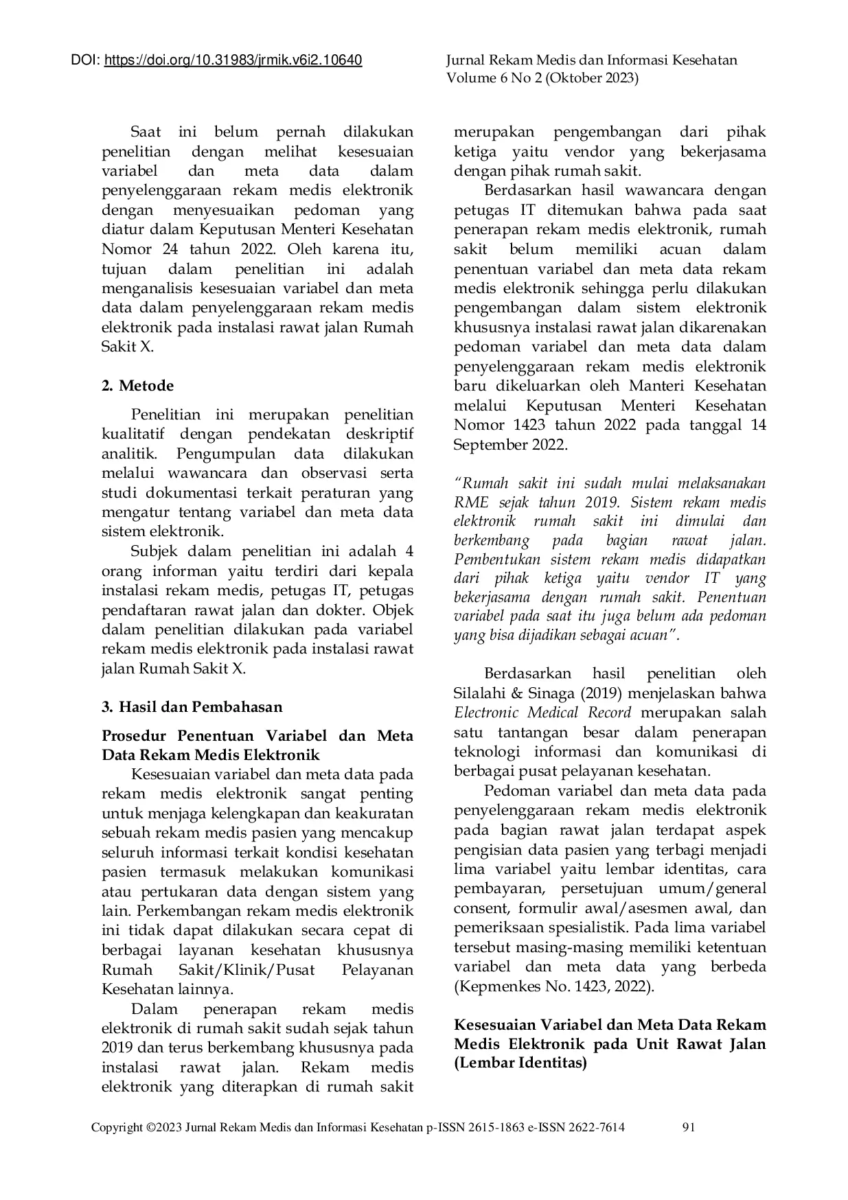 JURIS Analisis Kesesuaian Variabel dan Meta Data Rekam Medis Elektronik Studi Kasus pada Instalasi Rawat Jalan Rumah Sakit X